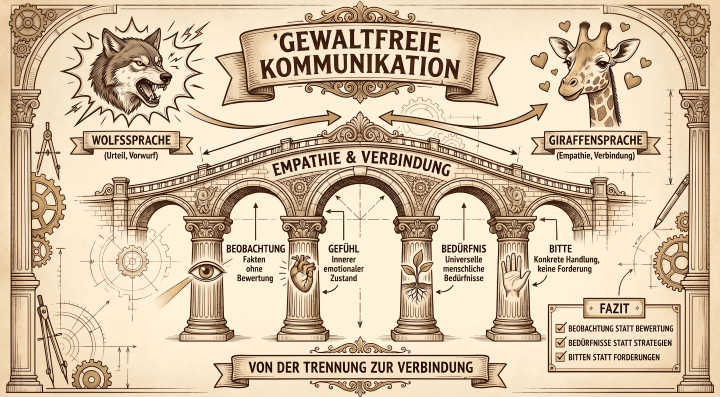 Sketchnote auf beige-farbenem Hintergrund mit schwarzen Konturen und Akzenten in Gold und Braun.Oben mittig ein Banner mit dem Titel ‚Gewaltfreie Kommunikation'. Links ein knurrender Wolf mit der Aufschrift ‚Wolfssprache (Urteil, Vorwurf)', rechts eine Giraffe mit Herzen und der Aufschrift ‚Giraffensprache (Empathie, Verbindung)'. Ein Pfeil verbindet beide über die Brücke.Im Zentrum eine steinerne Brücke mit vier Bögen, die als Säulen der GFK dienen. Über der Brücke: ‚Empathie & Verbindung'. Die vier Bögen zeigen: ‚Beobachtung – Fakten ohne Bewertung' mit Auge, ‚Gefühl – Innerer emotionaler Zustand' mit Herz, ‚Bedürfnis – Universelle menschliche Bedürfnisse' mit Pflanzensymbol, ‚Bitte – Konkrete Handlung, keine Forderung' mit offener Hand.Unten ein Banner: ‚Von der Trennung zur Verbindung'. Rechts ein Fazit-Kasten: ‚Beobachtung statt Bewertung. Bedürfnisse statt Strategien. Bitten statt Forderungen.'