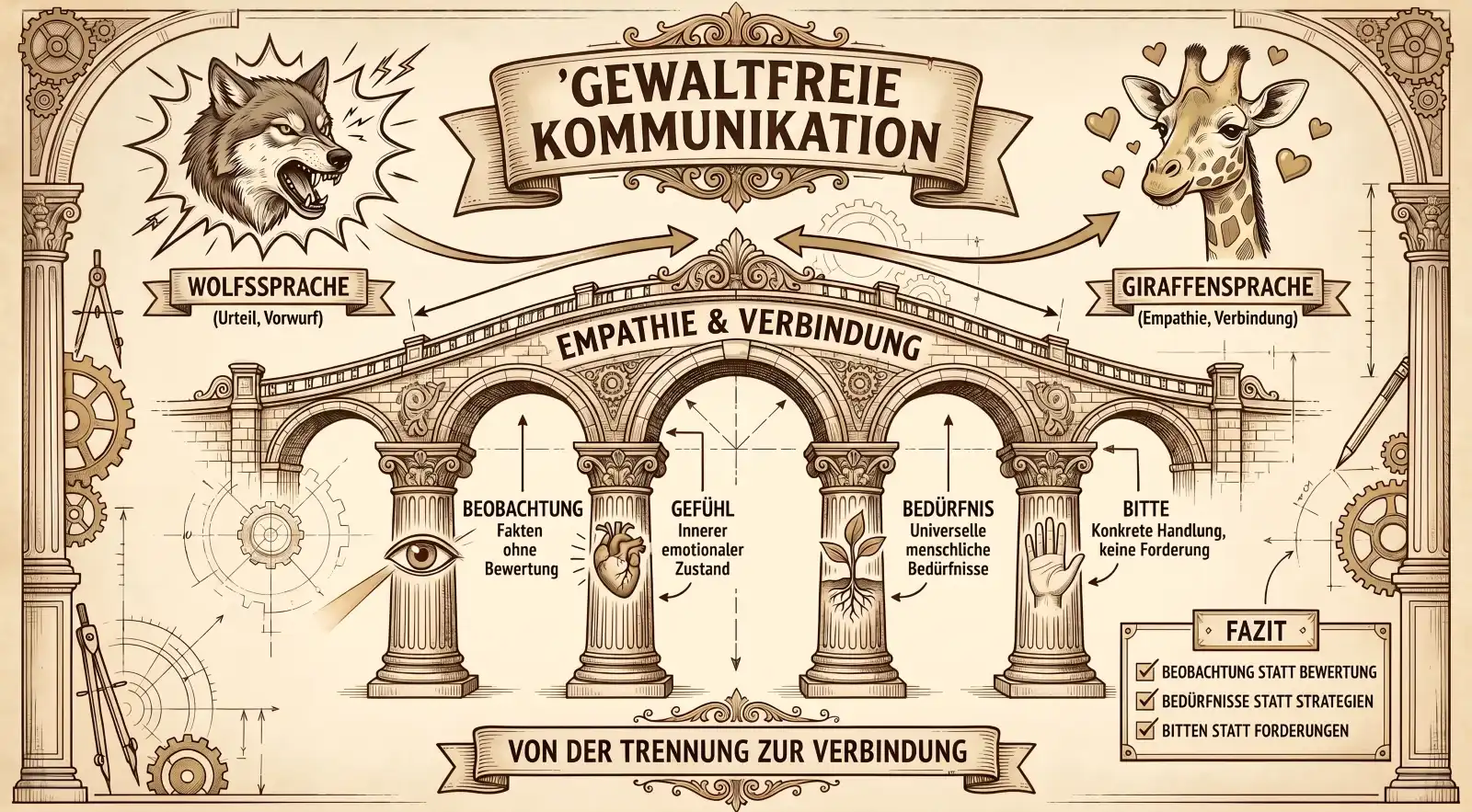 Sketchnote auf beige-farbenem Hintergrund mit schwarzen Konturen und Akzenten in Gold und Braun.Oben mittig ein Banner mit dem Titel ‚Gewaltfreie Kommunikation'. Links ein knurrender Wolf mit der Aufschrift ‚Wolfssprache (Urteil, Vorwurf)', rechts eine Giraffe mit Herzen und der Aufschrift ‚Giraffensprache (Empathie, Verbindung)'. Ein Pfeil verbindet beide über die Brücke.Im Zentrum eine steinerne Brücke mit vier Bögen, die als Säulen der GFK dienen. Über der Brücke: ‚Empathie & Verbindung'. Die vier Bögen zeigen: ‚Beobachtung – Fakten ohne Bewertung' mit Auge, ‚Gefühl – Innerer emotionaler Zustand' mit Herz, ‚Bedürfnis – Universelle menschliche Bedürfnisse' mit Pflanzensymbol, ‚Bitte – Konkrete Handlung, keine Forderung' mit offener Hand.Unten ein Banner: ‚Von der Trennung zur Verbindung'. Rechts ein Fazit-Kasten: ‚Beobachtung statt Bewertung. Bedürfnisse statt Strategien. Bitten statt Forderungen.'