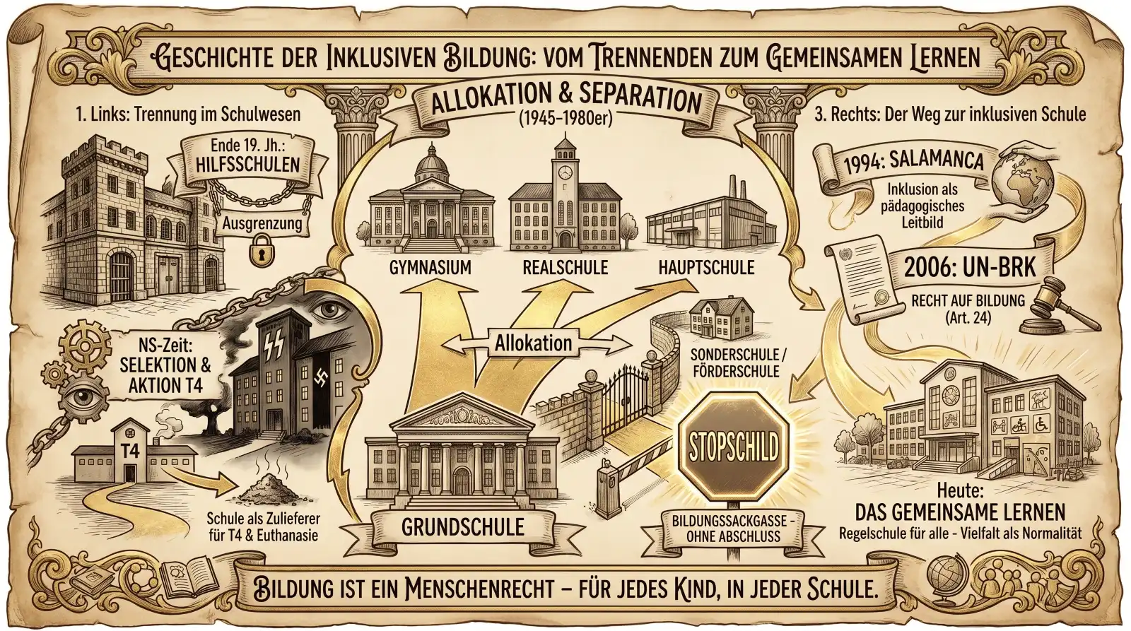 Illustration auf beige-farbenem, leicht vergilbtem Hintergrund mit schwarzen Konturen und Akzenten in Gold und Braun. Ornamentaler Rahmen mit Büchern und Globus. Oben mittig ein Banner: ‚Geschichte der inklusiven Bildung: Vom Trennenden zum gemeinsamen Lernen'. Links ‚Trennung im Schulwesen': Eine Burgfestung mit Kette und Vorhängeschloss. Label: ‚Ende 19. Jh.: Hilfsschulen – Ausgrenzung'. Darunter ein dunkles Gebäude mit SS-Symbolen und Rauch: ‚NS-Zeit: Selektion & Aktion T4 – Schule als Zulieferer für T4 & Euthanasie'. Ein Auge mit Zahnrädern überwacht die Szene. Mittig ‚Allokation & Separation (1945–1980er)': Drei Schulgebäude nebeneinander – Gymnasium, Realschule, Hauptschule – mit goldenen Pfeilen, die von einer Grundschule aus in verschiedene Richtungen zeigen. Label: ‚Allokation'. Rechts davon eine Mauer mit verschlossenem Tor zur ‚Sonderschule/Förderschule' und einem goldenen Stoppschild: ‚Bildungssackgasse – ohne Abschluss'. Rechts ‚Der Weg zur inklusiven Schule': Eine Schriftrolle mit Globus: ‚1994: Salamanca – Inklusion als pädagogisches Leitbild'. Ein Rechtsdokument mit Hammer: ‚2006: UN-BRK – Recht auf Bildung (Art. 24)'. Ein modernes Schulgebäude mit Rollstuhlsymbol und Vielfaltssymbolen: ‚Heute: Das gemeinsame Lernen – Regelschule für alle – Vielfalt als Normalität'. Unten ein Banner: ‚Bildung ist ein Menschenrecht – für jedes Kind, in jeder Schule.'