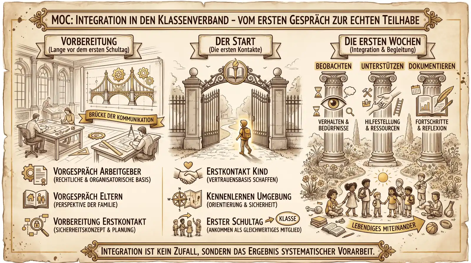 Illustration auf beige-farbenem, leicht vergilbtem Hintergrund mit schwarzen Konturen und Akzenten in Gold und Braun.
Oben mittig ein Banner: ‚MOC: Integration in den Klassenverband – Vom ersten Gespräch zur echten Teilhabe'.
Drei Panels nebeneinander.
Links ‚Vorbereitung (Lange vor dem ersten Schultag)': Zwei Personen an einem Zeichentisch mit Plänen. Darunter eine Hängebrücke: ‚Brücke der Kommunikation'. Drei Listenpunkte mit Icons: ‚Vorgespräch Arbeitgeber (Rechtliche & organisatorische Basis)', ‚Vorgespräch Eltern (Perspektive der Familie)', ‚Vorbereitung Erstkontakt (Sicherheitskonzept & Planung)'.
Mittig ‚Der Start (Die ersten Kontakte)': Ein Kind mit Rucksack tritt durch ein offenes schmiedeeisernes Schultor in goldenes Licht. Drei Listenpunkte mit Icons: ‚Erstkontakt Kind (Vertrauensbasis schaffen)' mit Herz und Händedruck. ‚Kennenlernen Umgebung (Orientierung & Sicherheit)' mit Kompass und Karte. ‚Erster Schultag → Klasse (Ankommen als gleichwertiges Mitglied)' mit Kindergruppe.
Rechts ‚Die ersten Wochen (Integration & Begleitung)': Drei Säulen mit Icons: ‚Beobachten – Verhalten & Bedürfnisse' mit Auge und Sanduhr. ‚Unterstützen – Hilfestellung & Ressourcen' mit Hammer und Leiter. ‚Dokumentieren – Fortschritte & Reflexion' mit Buch und Schreibfeder. Darunter eine diverse Kindergruppe in einem Garten: ‚Lebendiges Miteinander'.
Unten ein Banner: ‚Integration ist kein Zufall, sondern das Ergebnis systematischer Vorarbeit.'