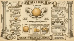 Sketchnote auf beige-farbenem Hintergrund mit schwarzen Konturen und Akzenten in Gold und Braun. Zwei Säulen rahmen die Sketchnote ein. Oben mittig ein Banner mit dem Titel ‚Interessen & Bedürfnisse'. Darunter ‚Position – Was wir wollen' mit zwei Händen, die eine Orange halten. Links eine vertikale Skala ‚5 Konfliktmuster': 1. Delegation – lösungsorientiert, 2. Flucht – Ausweichen statt Auseinandersetzung, 3. Kampf – Gewinnen auf Kosten des anderen, 4. Kompromiss – Der faule Frieden mit einer Waage, 5. Konsens – Gemeinsame Lösung mit einem Handschlag. In der Mitte das Orange-Beispiel: Eine Orange mit zwei Pfeilen – ‚Weg von Positionen' und ‚Hin zu Bedürfnissen'. Darunter ‚Harvard-Konzept: Bedürfnisse erfüllen – nicht teilen'. Links 100% Saft mit einem Glas, rechts 100% Schale mit einem Gebäck. Label: ‚Beide Bedürfnisse 100% erfüllt – Echter Konsens, kein Kompromiss'. Rechts ‚3 Wege zum Konsens': 1. Harvard-Konzept – Sachebene/Struktur mit Zirkel; 2. GFK – Beziehungsebene/Empathie mit einer Brücke; 3. Neurobiologie – Fundament/Deeskalation mit einem Anker. Unten ein Banner: ‚Vom Kompromiss zum echten Konsens'. Rechts ein Fazit-Kasten: ‚Positionen überwinden. Bedürfnisse klären. Beziehung vor Lösung.'