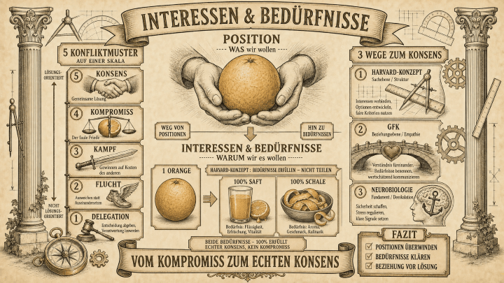 Sketchnote auf beige-farbenem Hintergrund mit schwarzen Konturen und Akzenten in Gold und Braun. Zwei Säulen rahmen die Sketchnote ein.
Oben mittig ein Banner mit dem Titel ‚Interessen & Bedürfnisse'. Darunter ‚Position – Was wir wollen' mit zwei Händen, die eine Orange halten.
Links eine vertikale Skala ‚5 Konfliktmuster': 1. Delegation – lösungsorientiert, 2. Flucht – Ausweichen statt Auseinandersetzung, 3. Kampf – Gewinnen auf Kosten des anderen, 4. Kompromiss – Der faule Frieden mit einer Waage, 5. Konsens – Gemeinsame Lösung mit einem Handschlag.
In der Mitte das Orange-Beispiel: Eine Orange mit zwei Pfeilen – ‚Weg von Positionen' und ‚Hin zu Bedürfnissen'. Darunter ‚Harvard-Konzept: Bedürfnisse erfüllen – nicht teilen'. Links 100% Saft mit einem Glas, rechts 100% Schale mit einem Gebäck. Label: ‚Beide Bedürfnisse 100% erfüllt – Echter Konsens, kein Kompromiss'.
Rechts ‚3 Wege zum Konsens': 1. Harvard-Konzept – Sachebene/Struktur mit Zirkel; 2. GFK – Beziehungsebene/Empathie mit einer Brücke; 3. Neurobiologie – Fundament/Deeskalation mit einem Anker.
Unten ein Banner: ‚Vom Kompromiss zum echten Konsens'. Rechts ein Fazit-Kasten: ‚Positionen überwinden. Bedürfnisse klären. Beziehung vor Lösung.'