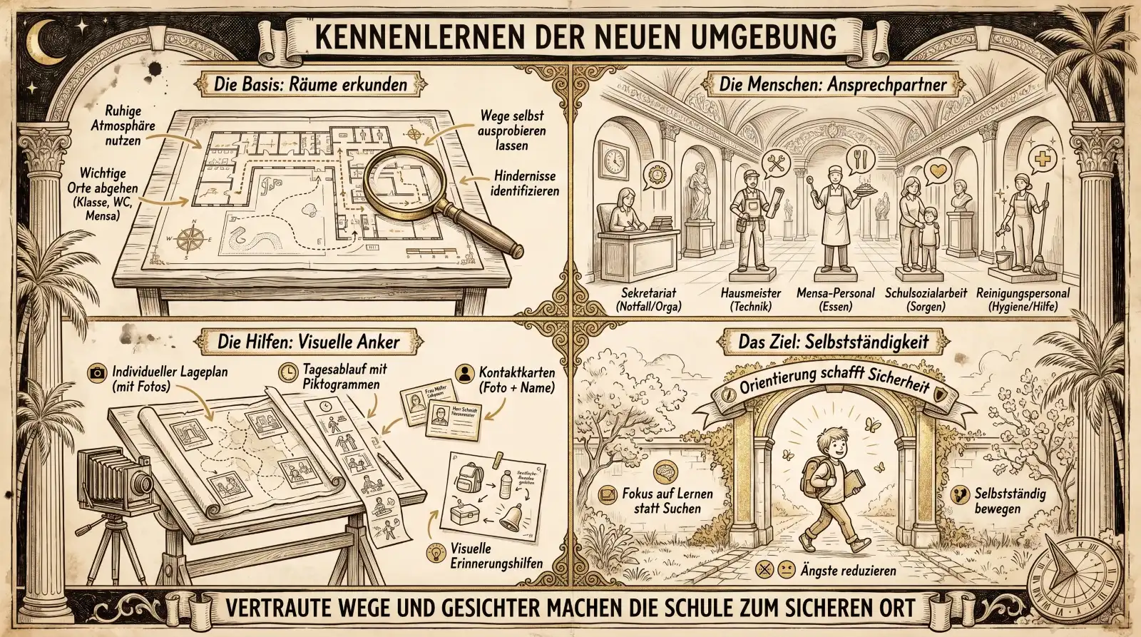 Illustration auf beige-farbenem, leicht vergilbtem Hintergrund mit schwarzen Konturen und Akzenten in Gold und Braun. Ornamentaler Rahmen mit korinthischen Säulen und Palmen. Oben links Halbmond mit Sternen, unten rechts eine Sonnenuhr. Oben mittig ein Banner: ‚Kennenlernen der neuen Umgebung'. Vier Panels in zwei Reihen. Links oben ‚Die Basis: Räume erkunden': Ein Grundriss auf einem Tisch mit Lupe. Labels: ‚Ruhige Atmosphäre nutzen', ‚Wichtige Orte abgehen (Klasse, WC, Mensa)', ‚Wege selbst ausprobieren lassen', ‚Hindernisse identifizieren'. Rechts oben ‚Die Menschen: Ansprechpartner': Eine Eingangshalle mit fünf Personen. Von links nach rechts: ‚Sekretariat (Notfall/Orga)', ‚Hausmeister (Technik)', ‚Mensa-Personal (Essen)', ‚Schulsozialarbeit (Sorgen)', ‚Reinigungspersonal (Hygiene/Hilfe)'. Links unten ‚Die Hilfen: Visuelle Anker': Eine alte Kamera und ein aufgeschlagenes Fotobuch auf einem Stativ. Daneben Karten und Piktogramme. Labels: ‚Individueller Lageplan (mit Fotos)', ‚Tagesablauf mit Piktogrammen', ‚Kontaktkarten (Foto + Name)', ‚Visuelle Erinnerungshilfen'. Rechts unten ‚Das Ziel: Selbstständigkeit': Ein Kind mit Rucksack geht durch einen Torbogen in einen hellen Garten. Ein Band: ‚Orientierung schafft Sicherheit'. Labels: ‚Fokus auf Lernen statt Suchen', ‚Ängste reduzieren', ‚Selbstständig bewegen'. Unten ein Banner: ‚Vertraute Wege und Gesichter machen die Schule zum sicheren Ort.'
