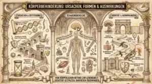 Illustration auf beige-farbenem Hintergrund mit schwarzen Konturen und Akzenten in Gold und Braun. Drei Bögen als strukturgebendes Element, korinthische Säulen und Palmen. Oben links Halbmond, oben rechts Sonnenuhr. Oben mittig ein Banner: ‚Körperbehinderung: Ursachen, Formen & Auswirkungen'. Links ‚Ursachen & Entstehung': Eine DNA-Doppelhelix mit Embryo: ‚Angeboren & Frühkindlich (DNA, CP, Spina bifida)'. Eine Treppe mit Rissen, Blitz und Auto: ‚Traumatisch erworben (Unfall, SHT, Querschnitt)'. Ein Virus und eine Mücke: ‚Infektionen (Polio, FSME)'. Eine Sanduhr mit Figur auf Treppe: ‚Degenerativ & Progressiv (MS, Duchenne)'. Darunter ein Gehirn mit Lupe. Mittig ‚Schadensbereiche': Eine anatomische Menschenfigur in einer Kathedrale mit vier Bereichen: ‚Zentrales Nervensystem (ZNS) – Steuerung (Lähmung, Spastik)', ‚Skelett & Bewegungssystem – Mechanik (Amputation, Dysmelie)', ‚Muskelerkrankungen' mit Muskelgewebe, ‚Chronische Erkrankungen' mit Herz und Medikamenten. Rollstuhl-Icon und Handorthese. Rechts ‚Identität & Auswirkungen': Ein Baum mit Wurzeln unter einem Torbogen: ‚Angeboren: Primäre Identität'. Ein Weg mit Rissen: ‚Erworben: Biografischer Bruch'. Ein verschlossenes Tor: ‚Sensibilitätsverlust (Dekubitus)'. Eine gebeugte Figur mit Schmerzmarkierung: ‚Spastik & Chronische Schmerzen'. Ein zerbrochenes Kommunikationssymbol: ‚Kommunikative Barrieren (Dysarthrie)'. Unten ein Banner: ‚Vom körperlichen Befund zur Lebenswelt: Identität gestalten, Barrieren überwinden.'