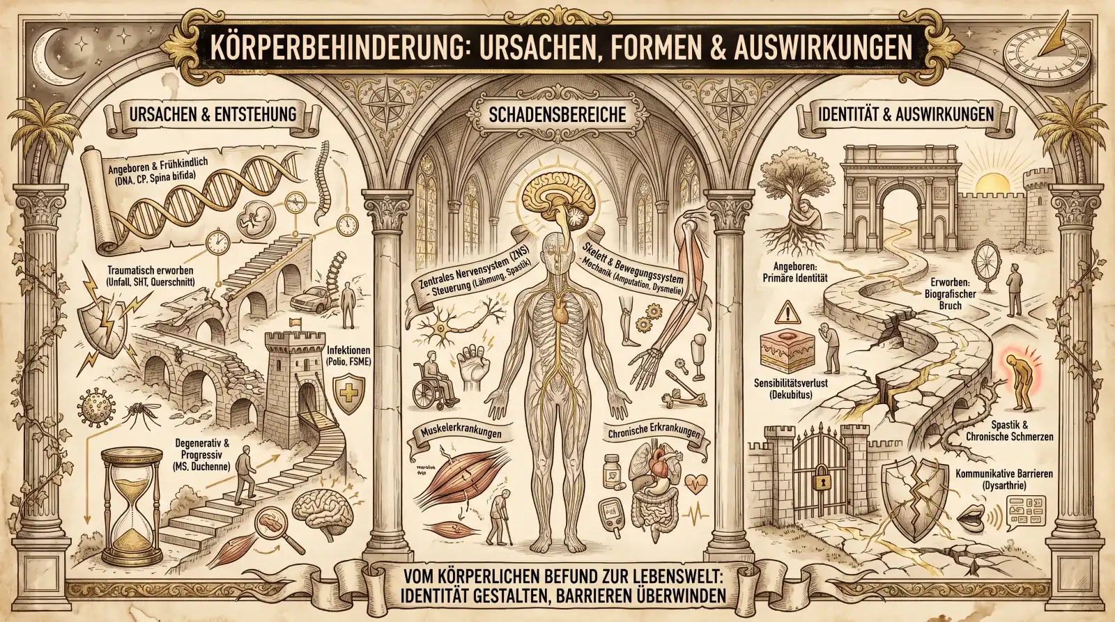 Illustration auf beige-farbenem Hintergrund mit schwarzen Konturen und Akzenten in Gold und Braun. Drei Bögen als strukturgebendes Element, korinthische Säulen und Palmen. Oben links Halbmond, oben rechts Sonnenuhr. Oben mittig ein Banner: ‚Körperbehinderung: Ursachen, Formen & Auswirkungen'. Links ‚Ursachen & Entstehung': Eine DNA-Doppelhelix mit Embryo: ‚Angeboren & Frühkindlich (DNA, CP, Spina bifida)'. Eine Treppe mit Rissen, Blitz und Auto: ‚Traumatisch erworben (Unfall, SHT, Querschnitt)'. Ein Virus und eine Mücke: ‚Infektionen (Polio, FSME)'. Eine Sanduhr mit Figur auf Treppe: ‚Degenerativ & Progressiv (MS, Duchenne)'. Darunter ein Gehirn mit Lupe. Mittig ‚Schadensbereiche': Eine anatomische Menschenfigur in einer Kathedrale mit vier Bereichen: ‚Zentrales Nervensystem (ZNS) – Steuerung (Lähmung, Spastik)', ‚Skelett & Bewegungssystem – Mechanik (Amputation, Dysmelie)', ‚Muskelerkrankungen' mit Muskelgewebe, ‚Chronische Erkrankungen' mit Herz und Medikamenten. Rollstuhl-Icon und Handorthese. Rechts ‚Identität & Auswirkungen': Ein Baum mit Wurzeln unter einem Torbogen: ‚Angeboren: Primäre Identität'. Ein Weg mit Rissen: ‚Erworben: Biografischer Bruch'. Ein verschlossenes Tor: ‚Sensibilitätsverlust (Dekubitus)'. Eine gebeugte Figur mit Schmerzmarkierung: ‚Spastik & Chronische Schmerzen'. Ein zerbrochenes Kommunikationssymbol: ‚Kommunikative Barrieren (Dysarthrie)'. Unten ein Banner: ‚Vom körperlichen Befund zur Lebenswelt: Identität gestalten, Barrieren überwinden.'