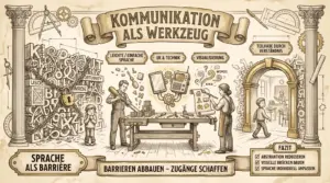 Sketchnote auf beige-farbenem Hintergrund mit schwarzen Konturen und Akzenten in Gold und Braun. Zwei Säulen rahmen die Sketchnote ein, Zahnräder und Werkzeugmotive im Hintergrund. Oben mittig ein Banner mit dem Titel ‚Kommunikation als Werkzeug'. Links ein Panel ‚Sprache als Barriere': Ein Kind steht vor einer Wand aus chaotisch angeordneten Buchstaben und einem Vorhängeschloss – Sprache als undurchdringliches Hindernis. In der Mitte eine Werkbank mit drei Bereichen: ‚Leichte / Einfache Sprache' mit einer Figur, die einem Kind erklärt; ‚UK & Technik' mit Talker, Tablet und Zahnrädern; ‚Visualisierung' mit einer Figur, die Symbolkarten zeigt und Wörter sichtbar macht. Rechts ein Panel ‚Teilhabe durch Verständnis': Ein Kind geht durch einen Torbogen in einen hellen Raum mit Tisch und Stuhl – Sprache als Brücke zur Teilhabe. Unten ein Banner: ‚Barrieren abbauen – Zugänge schaffen'. Rechts ein Fazit-Kasten: ‚Abstraktion reduzieren. Visuelle Brücken bauen. Sprache individuell anpassen.'