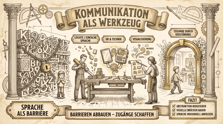 Sketchnote auf beige-farbenem Hintergrund mit schwarzen Konturen und Akzenten in Gold und Braun. Zwei Säulen rahmen die Sketchnote ein, Zahnräder und Werkzeugmotive im Hintergrund.
Oben mittig ein Banner mit dem Titel ‚Kommunikation als Werkzeug'.
Links ein Panel ‚Sprache als Barriere': Ein Kind steht vor einer Wand aus chaotisch angeordneten Buchstaben und einem Vorhängeschloss – Sprache als undurchdringliches Hindernis.
In der Mitte eine Werkbank mit drei Bereichen: ‚Leichte / Einfache Sprache' mit einer Figur, die einem Kind erklärt; ‚UK & Technik' mit Talker, Tablet und Zahnrädern; ‚Visualisierung' mit einer Figur, die Symbolkarten zeigt und Wörter sichtbar macht.
Rechts ein Panel ‚Teilhabe durch Verständnis': Ein Kind geht durch einen Torbogen in einen hellen Raum mit Tisch und Stuhl – Sprache als Brücke zur Teilhabe.
Unten ein Banner: ‚Barrieren abbauen – Zugänge schaffen'. Rechts ein Fazit-Kasten: ‚Abstraktion reduzieren. Visuelle Brücken bauen. Sprache individuell anpassen.'
