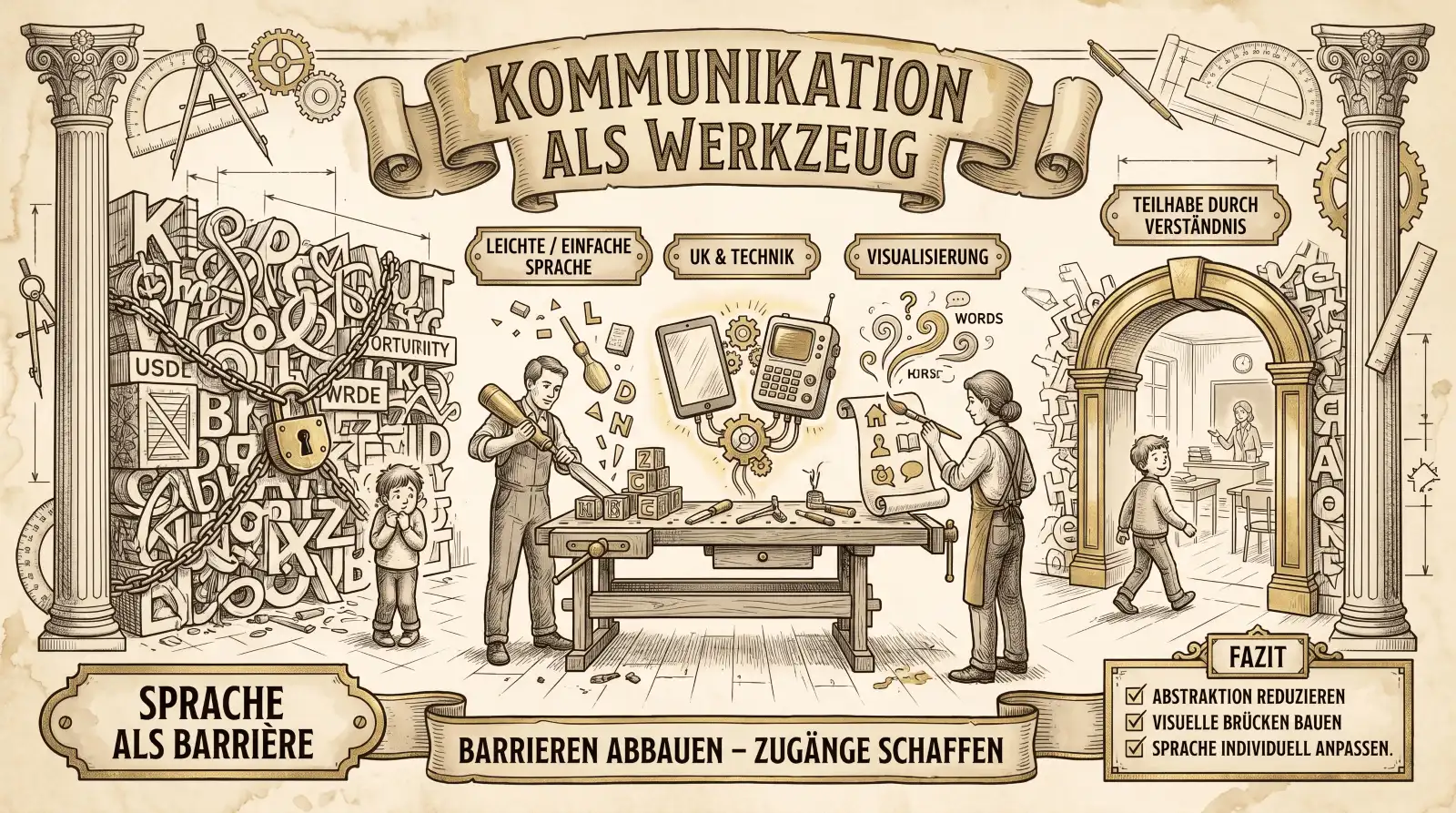 Sketchnote auf beige-farbenem Hintergrund mit schwarzen Konturen und Akzenten in Gold und Braun. Zwei Säulen rahmen die Sketchnote ein, Zahnräder und Werkzeugmotive im Hintergrund. Oben mittig ein Banner mit dem Titel ‚Kommunikation als Werkzeug'. Links ein Panel ‚Sprache als Barriere': Ein Kind steht vor einer Wand aus chaotisch angeordneten Buchstaben und einem Vorhängeschloss – Sprache als undurchdringliches Hindernis. In der Mitte eine Werkbank mit drei Bereichen: ‚Leichte / Einfache Sprache' mit einer Figur, die einem Kind erklärt; ‚UK & Technik' mit Talker, Tablet und Zahnrädern; ‚Visualisierung' mit einer Figur, die Symbolkarten zeigt und Wörter sichtbar macht. Rechts ein Panel ‚Teilhabe durch Verständnis': Ein Kind geht durch einen Torbogen in einen hellen Raum mit Tisch und Stuhl – Sprache als Brücke zur Teilhabe. Unten ein Banner: ‚Barrieren abbauen – Zugänge schaffen'. Rechts ein Fazit-Kasten: ‚Abstraktion reduzieren. Visuelle Brücken bauen. Sprache individuell anpassen.'