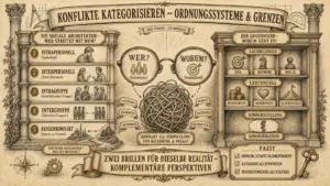 Sketchnote auf beige-farbenem Hintergrund mit schwarzen Konturen und Akzenten in Gold und Braun. Zwei Säulen rahmen die Sketchnote ein. Oben mittig ein Banner: ‚Konflikte kategorisieren – Ordnungssysteme & Grenzen'. Links ein Panel ‚Die soziale Architektur – Wer streitet mit wem?' mit fünf Stufen: 1. Intrapersonell (Individuum), 2. Interpersonell (Zwei Personen), 3. Intragruppe (Innerhalb einer Gruppe), 4. Intergruppe (Zwischen Gruppen), 5. Außenkonflikt (System vs. Umwelt). Unten: ‚Von innen nach außen – wer ist beteiligt?' In der Mitte zwei Brillengläser mit ‚Wer? (Teilnehmer)' und ‚Worum? (Gegenstand)'. Darunter ein Wollknäuel als ‚KonflMöglichkeiten, Konflikte zu kategorisieren – Ordnungssysteme und ihre Grenzenikt als Verwicklung von Beziehung & Inhalt' mit fünf Aktionen drumherum: Verstehen, Einordnen, Entwirren, Klären, Begrenzen, Bearbeiten. Rechts ein Panel ‚Der Gegenstand – Worum geht es?' als Regal mit drei Ebenen: Sachbezogen (Ziel, Methode, Rolle), Existenziell (Ressourcen, Bedürfnisse, Glaubenssätze), Sonderstellung (Kommunikation). Unten ein Banner: ‚Zwei Brillen für dieselbe Realität – Komplementäre Perspektiven'. Fazit: ‚Ordnung schafft Bearbeitbarkeit. Kategorien als Hypothesen. Perspektivwechsel als Schlüssel.'