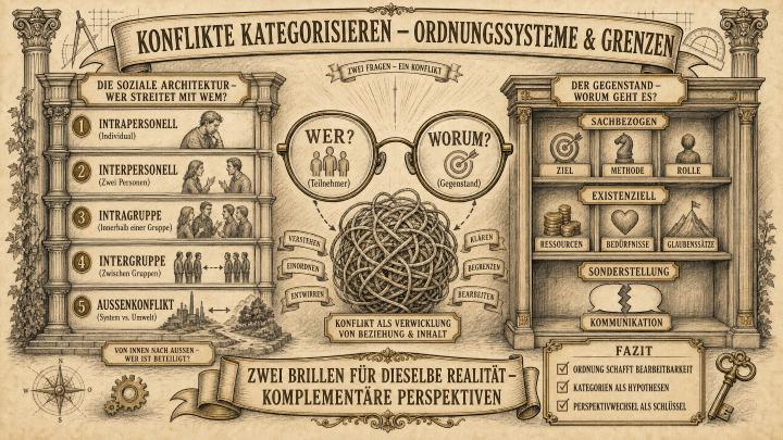 Sketchnote auf beige-farbenem Hintergrund mit schwarzen Konturen und Akzenten in Gold und Braun. Zwei Säulen rahmen die Sketchnote ein.
Oben mittig ein Banner: ‚Konflikte kategorisieren – Ordnungssysteme & Grenzen'.
Links ein Panel ‚Die soziale Architektur – Wer streitet mit wem?' mit fünf Stufen: 1. Intrapersonell (Individuum), 2. Interpersonell (Zwei Personen), 3. Intragruppe (Innerhalb einer Gruppe), 4. Intergruppe (Zwischen Gruppen), 5. Außenkonflikt (System vs. Umwelt). Unten: ‚Von innen nach außen – wer ist beteiligt?'
In der Mitte zwei Brillengläser mit ‚Wer? (Teilnehmer)' und ‚Worum? (Gegenstand)'. Darunter ein Wollknäuel als ‚KonflMöglichkeiten, Konflikte zu kategorisieren – Ordnungssysteme und ihre Grenzenikt als Verwicklung von Beziehung & Inhalt' mit fünf Aktionen drumherum: Verstehen, Einordnen, Entwirren, Klären, Begrenzen, Bearbeiten.
Rechts ein Panel ‚Der Gegenstand – Worum geht es?' als Regal mit drei Ebenen: Sachbezogen (Ziel, Methode, Rolle), Existenziell (Ressourcen, Bedürfnisse, Glaubenssätze), Sonderstellung (Kommunikation).
Unten ein Banner: ‚Zwei Brillen für dieselbe Realität – Komplementäre Perspektiven'. Fazit: ‚Ordnung schafft Bearbeitbarkeit. Kategorien als Hypothesen. Perspektivwechsel als Schlüssel.'