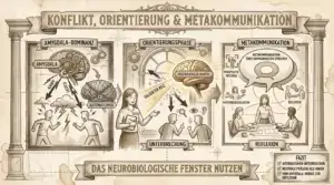 Sketchnote auf beige-farbenem, leicht vergilbtem Hintergrund mit schwarzen Konturen und Akzenten in Gold und Braun. Zwei Säulen rahmen die Sketchnote links und rechts ein. Oben mittig ein Banner mit dem Titel ‚Konflikt, Orientierung & Metakommunikation'. Links das Panel ‚Amygdala-Dominanz': Ein Gehirn mit Zahnrädern und der Aufschrift ‚Amygdala' steht über zwei konfrontierenden Figuren mit Blitzen zwischen ihnen. Labels: ‚Kampf', ‚Flucht', ‚Automatismus'. Ein zweites, kleineres Gehirn mit einem X markiert die eingeschränkte kognitive Steuerung. In der Mitte das Panel ‚Orientierungsphase': Eine ruhige Figur mit Klemmbrett betritt den Raum und lenkt die Aufmerksamkeit zweier streitender Figuren. Ein Pfeil zeigt auf ein leuchtendes Gehirn mit der Aufschrift ‚Präfrontaler Kortex'. Labels: ‚Salienter Reiz', ‚Unterbrechung'. Rechts das Panel ‚Metakommunikation': Eine Gruppe sitzt gemeinsam an einem Tisch. Eine Sprechblase zeigt ‚Metakommunikation: Über Kommunikation sprechen'. Labels: ‚Perspektivwechsel', ‚Emotionsregulation', ‚Reflexion'. Unten ein geschwungenes Banner: ‚Das neurobiologische Fenster nutzen'. Rechts daneben ein Fazit-Kasten mit drei Punkten: ‚Automatismen unterbrechen. Neutrale Präsenz als Anker. Vom Amygdala-Modus zur Reflexion.'"