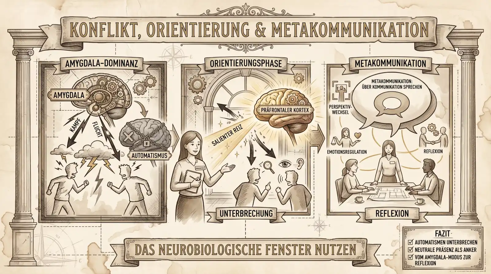 Sketchnote auf beige-farbenem, leicht vergilbtem Hintergrund mit schwarzen Konturen und Akzenten in Gold und Braun. Zwei Säulen rahmen die Sketchnote links und rechts ein. Oben mittig ein Banner mit dem Titel ‚Konflikt, Orientierung & Metakommunikation'. Links das Panel ‚Amygdala-Dominanz': Ein Gehirn mit Zahnrädern und der Aufschrift ‚Amygdala' steht über zwei konfrontierenden Figuren mit Blitzen zwischen ihnen. Labels: ‚Kampf', ‚Flucht', ‚Automatismus'. Ein zweites, kleineres Gehirn mit einem X markiert die eingeschränkte kognitive Steuerung. In der Mitte das Panel ‚Orientierungsphase': Eine ruhige Figur mit Klemmbrett betritt den Raum und lenkt die Aufmerksamkeit zweier streitender Figuren. Ein Pfeil zeigt auf ein leuchtendes Gehirn mit der Aufschrift ‚Präfrontaler Kortex'. Labels: ‚Salienter Reiz', ‚Unterbrechung'. Rechts das Panel ‚Metakommunikation': Eine Gruppe sitzt gemeinsam an einem Tisch. Eine Sprechblase zeigt ‚Metakommunikation: Über Kommunikation sprechen'. Labels: ‚Perspektivwechsel', ‚Emotionsregulation', ‚Reflexion'. Unten ein geschwungenes Banner: ‚Das neurobiologische Fenster nutzen'. Rechts daneben ein Fazit-Kasten mit drei Punkten: ‚Automatismen unterbrechen. Neutrale Präsenz als Anker. Vom Amygdala-Modus zur Reflexion.'"
