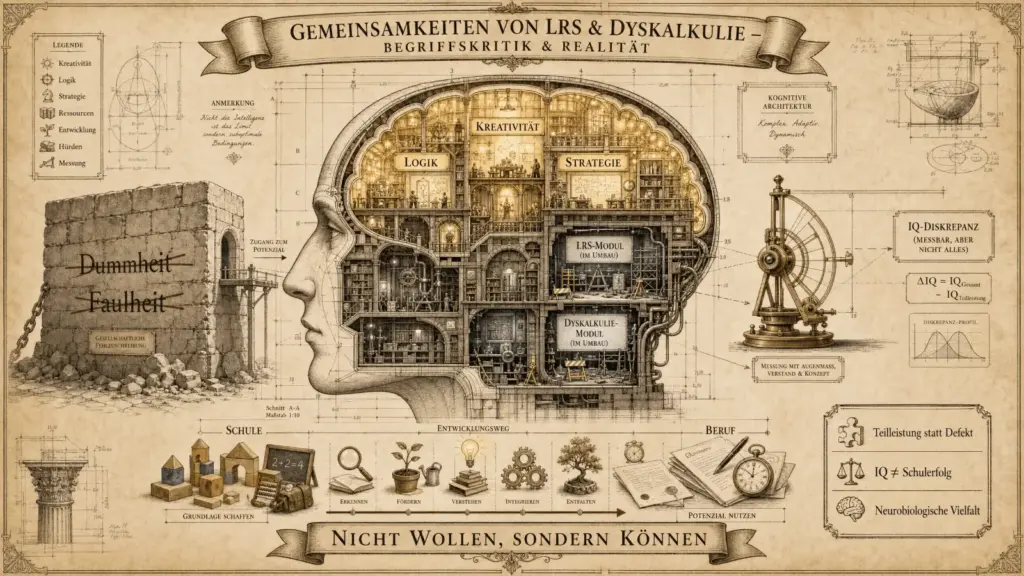 Sketchnote auf beige-farbenem Hintergrund mit schwarzen Konturen und Akzenten in Gold und Braun. Technisch-wissenschaftlicher Stil mit Blaupausen-Elementen.

Oben mittig ein Banner: ‚Gemeinsamkeiten von LRS & Dyskalkulie – Begriffskritik & Realität'.

Links oben eine Legende mit sechs Icons: Kreativität, Logik, Strategie, Ressourcen, Entwicklung, Hürden, Messung. Darunter eine Anmerkung: ‚Nicht die Intelligenz ist das Limit, sondern suboptimale Bedingungen.'

Links mittig eine bröckelnde Mauer mit den Worten ‚Dummheit' und ‚Faulheit' durchgestrichen, darunter ‚Gesellschaftliche Fehlzuschreibung'. Ein Torbogen mit ‚Zugang zum Potenzial' führt zum Kopf-Querschnitt.

Im Zentrum ein detaillierter Querschnitt eines menschlichen Kopfes als Bibliothek und Werkstatt. Im oberen Bereich drei erleuchtete Räume: ‚Kreativität', ‚Logik', ‚Strategie'. Im unteren Bereich zwei Baustellen: ‚LRS-Modul (im Umbau)' und ‚Dyskalkulie-Modul (im Umbau)'. Darunter ‚Schnitt A-A, Maßstab 1:10'. Rechts oben ‚Kognitive Architektur: Komplex. Adaptiv. Dynamisch.'

Rechts ein Messgerät mit ‚IQ-Diskrepanz (Messbar, aber nicht alles)' und der Formel ΔIQ = IQGesamt – IQTeilleistung. Darunter ‚Diskrepanz-Profil' und ‚Messung mit Augenmaß, Verstand & Konzept'.

Unten ein Entwicklungsweg von Schule zu Beruf mit sieben Stationen: Grundlage schaffen, Erkennen, Fördern, Verstehen, Integrieren, Entfalten, Potenzial nutzen.

Rechts unten drei Fazit-Punkte: ‚Teilleistung statt Defekt. IQ ≠ Schulerfolg. Neurobiologische Vielfalt.'

Unten ein Banner: ‚Nicht Wollen, sondern Können.'