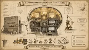 Sketchnote auf beige-farbenem Hintergrund mit schwarzen Konturen und Akzenten in Gold und Braun. Technisch-wissenschaftlicher Stil mit Blaupausen-Elementen. Oben mittig ein Banner: ‚Gemeinsamkeiten von LRS & Dyskalkulie – Begriffskritik & Realität'. Links oben eine Legende mit sechs Icons: Kreativität, Logik, Strategie, Ressourcen, Entwicklung, Hürden, Messung. Darunter eine Anmerkung: ‚Nicht die Intelligenz ist das Limit, sondern suboptimale Bedingungen.' Links mittig eine bröckelnde Mauer mit den Worten ‚Dummheit' und ‚Faulheit' durchgestrichen, darunter ‚Gesellschaftliche Fehlzuschreibung'. Ein Torbogen mit ‚Zugang zum Potenzial' führt zum Kopf-Querschnitt. Im Zentrum ein detaillierter Querschnitt eines menschlichen Kopfes als Bibliothek und Werkstatt. Im oberen Bereich drei erleuchtete Räume: ‚Kreativität', ‚Logik', ‚Strategie'. Im unteren Bereich zwei Baustellen: ‚LRS-Modul (im Umbau)' und ‚Dyskalkulie-Modul (im Umbau)'. Darunter ‚Schnitt A-A, Maßstab 1:10'. Rechts oben ‚Kognitive Architektur: Komplex. Adaptiv. Dynamisch.' Rechts ein Messgerät mit ‚IQ-Diskrepanz (Messbar, aber nicht alles)' und der Formel ΔIQ = IQGesamt – IQTeilleistung. Darunter ‚Diskrepanz-Profil' und ‚Messung mit Augenmaß, Verstand & Konzept'. Unten ein Entwicklungsweg von Schule zu Beruf mit sieben Stationen: Grundlage schaffen, Erkennen, Fördern, Verstehen, Integrieren, Entfalten, Potenzial nutzen. Rechts unten drei Fazit-Punkte: ‚Teilleistung statt Defekt. IQ ≠ Schulerfolg. Neurobiologische Vielfalt.' Unten ein Banner: ‚Nicht Wollen, sondern Können.'