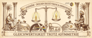 „Illustration auf beige-farbenem Hintergrund mit schwarzen Konturen und Akzenten in Gold und Braun. Oben mittig ein geschwungenes Banner: ‚MOC Augenhöhe – Zwischen Erschütterung & Anerkennung'. Oben rechts ein Halbmond mit der Aufschrift ‚Rückseite des Mondes'. Im Zentrum eine große Apothekerwaage. Auf beiden Schalen steht je eine leuchtende menschliche Silhouette in Gold – beide gleich groß, gleich hell, gleich gewichtet. Die Waage ist im Gleichgewicht. Darunter vier runde Medaillons nebeneinander: ‚Bildung & Freiheit' mit einer Brücke und einem Sortiergerät; ‚Inklusion & Vielfalt' mit einem Prisma und zwei sich berührenden Händen vor einem Regenbogen; ‚Familie & Erziehung' mit zwei ungleich großen Stühlen an einem Tisch; ‚Arbeit & New Work' mit Zahnrädern und einer offenen Hand. Links eine griechische Gelehrtenfigur sitzend, umgeben von zwei zuhörenden Personen. Dahinter eine korinthische Säule und eine Palme. Rechts eine indigene Figur mit Cocar und traditioneller Bemalung, sitzend, neben einem Kind. Dahinter eine korinthische Säule und eine Palme. Unten ein Banner: ‚Gleichwertigkeit trotz Asymmetrie'. Unten rechts: ‚Created by Nano-Banana.'"
