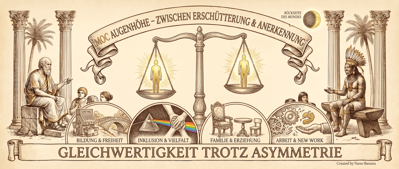 „Illustration auf beige-farbenem Hintergrund mit schwarzen Konturen und Akzenten in Gold und Braun.
Oben mittig ein geschwungenes Banner: ‚MOC Augenhöhe – Zwischen Erschütterung & Anerkennung'. Oben rechts ein Halbmond mit der Aufschrift ‚Rückseite des Mondes'.
Im Zentrum eine große Apothekerwaage. Auf beiden Schalen steht je eine leuchtende menschliche Silhouette in Gold – beide gleich groß, gleich hell, gleich gewichtet. Die Waage ist im Gleichgewicht.
Darunter vier runde Medaillons nebeneinander: ‚Bildung & Freiheit' mit einer Brücke und einem Sortiergerät; ‚Inklusion & Vielfalt' mit einem Prisma und zwei sich berührenden Händen vor einem Regenbogen; ‚Familie & Erziehung' mit zwei ungleich großen Stühlen an einem Tisch; ‚Arbeit & New Work' mit Zahnrädern und einer offenen Hand.
Links eine griechische Gelehrtenfigur sitzend, umgeben von zwei zuhörenden Personen. Dahinter eine korinthische Säule und eine Palme.
Rechts eine indigene Figur mit Cocar und traditioneller Bemalung, sitzend, neben einem Kind. Dahinter eine korinthische Säule und eine Palme.
Unten ein Banner: ‚Gleichwertigkeit trotz Asymmetrie'. Unten rechts: ‚Created by Nano-Banana.'"