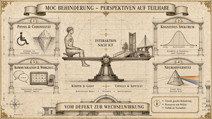 Sketchnote auf beige-farbenem Hintergrund mit schwarzen Konturen und Akzenten in Gold und Braun. Zwei Säulen rahmen die Sketchnote ein, Kompass und Maßstab im Hintergrund.
Oben mittig ein Banner: ‚MOC Behinderung – Perspektiven auf Teilhabe'.
Im Zentrum eine Wippe mit zwei Seiten: Links ‚Körper & Geist', rechts ‚Umwelt & Kontext'. Darunter drei Labels: ‚Biopsychosoziales Modell', ‚Dynamisch', ‚Kontextabhängig'. Auf der Wippe sitzt eine menschliche Figur. Im Hintergrund eine Brücke als Symbol für Teilhabe. Mittig die Aufschrift ‚Interaktion nach ICF'.
Links oben Panel 1 ‚Physis & Chronizität': Rollstuhl-Icon und Eisberg-Symbol mit ‚Sichtbares und Unsichtbares verstehen'.
Rechts oben Panel 2 ‚Kognitives Spektrum': Eine Glockenkurve mit den Markierungen niedrig, durchschnittlich, hoch. ‚Bandbreite an Fähigkeiten – keine Hierarchie'.
Links unten Panel 3 ‚Kommunikation & Werkzeug': Sprechblasen und Symbolkarten. ‚Verständigung ermöglichen. Barrieren abbauen.'
Rechts unten Panel 4 ‚Neurodiversität': Ein Prisma mit Lichtspektrum. ‚Andere Welt. Gleicher Wert.'
Unten ein Banner: ‚Vom Defekt zur Wechselwirkung'. Rechts ein Info-Kasten: ‚Umwelt gestaltet Behinderung. Ressourcen statt Defizite. Vielfalt als Normalität.'