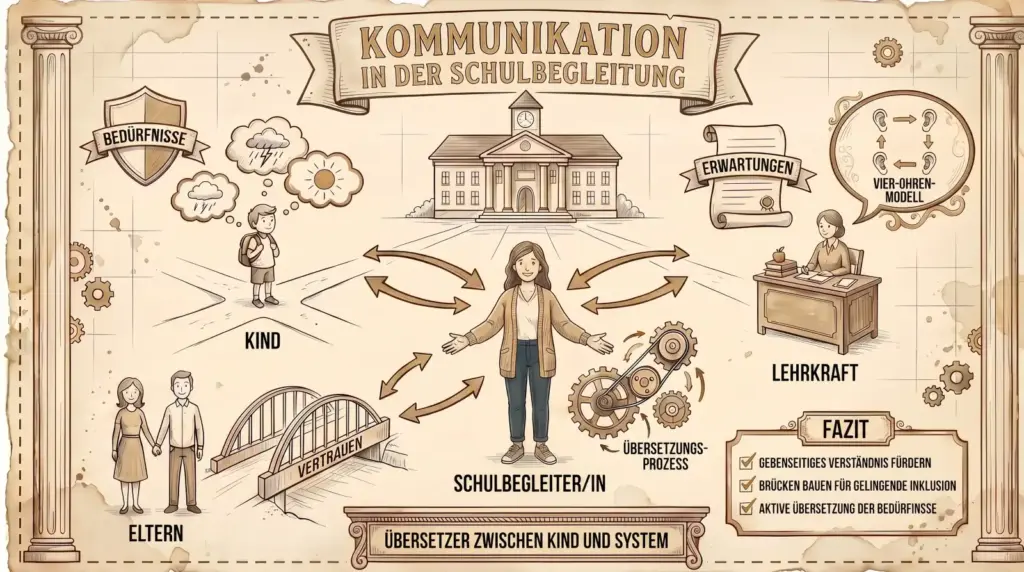 Sketchnote auf beige-farbenem, leicht vergilbtem Hintergrund mit braunen Konturen und Akzenten in Beige und Braun. Zwei Säulen und Zahnräder rahmen die Sketchnote ein. Oben mittig ein Banner: ‚Kommunikation in der Schulbegleitung'. Im Zentrum steht eine weibliche Figur mit ausgebreiteten Armen, beschriftet als ‚Schulbegleiter/in'. Von ihr gehen Pfeile in vier Richtungen. Links ein Kind mit Gedankenwolken (Gewitter und Sonne). Rechts eine Lehrkraft am Schreibtisch. Unten links ein Elternpaar. Im Hintergrund oben ein Schulgebäude. Links oben ein Wappenschild: ‚Bedürfnisse'. Rechts oben eine Schriftrolle: ‚Erwartungen', daneben eine Sprechblase mit ‚Vier-Ohren-Modell' und Ohren-Icons. Zwischen Schulbegleiter/in und Eltern eine Brücke mit der Aufschrift ‚Vertrauen'. Neben der Schulbegleiter/in-Figur Zahnräder mit ‚Übersetzungsprozess'. Unten ein Banner: ‚Übersetzer zwischen Kind und System'. Rechts ein Fazit-Kasten: ‚Gegenseitiges Verständnis fördern. Brücken bauen für gelingende Inklusion. Aktive Übersetzung der Bedürfnisse.'