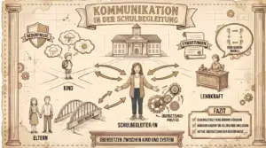 Sketchnote auf beige-farbenem, leicht vergilbtem Hintergrund mit braunen Konturen und Akzenten in Beige und Braun. Zwei Säulen und Zahnräder rahmen die Sketchnote ein. Oben mittig ein Banner: ‚Kommunikation in der Schulbegleitung'. Im Zentrum steht eine weibliche Figur mit ausgebreiteten Armen, beschriftet als ‚Schulbegleiter/in'. Von ihr gehen Pfeile in vier Richtungen. Links ein Kind mit Gedankenwolken (Gewitter und Sonne). Rechts eine Lehrkraft am Schreibtisch. Unten links ein Elternpaar. Im Hintergrund oben ein Schulgebäude. Links oben ein Wappenschild: ‚Bedürfnisse'. Rechts oben eine Schriftrolle: ‚Erwartungen', daneben eine Sprechblase mit ‚Vier-Ohren-Modell' und Ohren-Icons. Zwischen Schulbegleiter/in und Eltern eine Brücke mit der Aufschrift ‚Vertrauen'. Neben der Schulbegleiter/in-Figur Zahnräder mit ‚Übersetzungsprozess'. Unten ein Banner: ‚Übersetzer zwischen Kind und System'. Rechts ein Fazit-Kasten: ‚Gegenseitiges Verständnis fördern. Brücken bauen für gelingende Inklusion. Aktive Übersetzung der Bedürfnisse.'