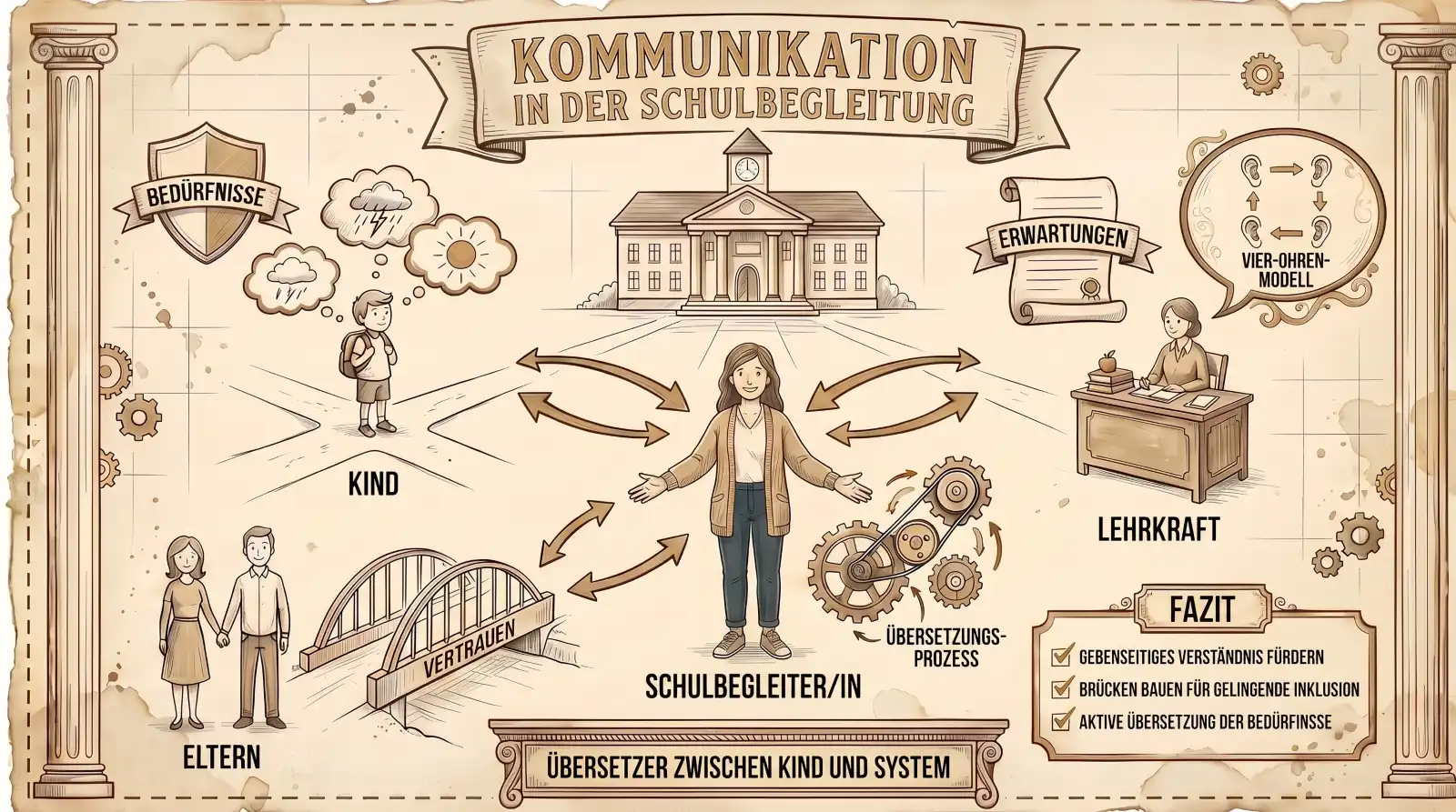 Sketchnote auf beige-farbenem, leicht vergilbtem Hintergrund mit braunen Konturen und Akzenten in Beige und Braun. Zwei Säulen und Zahnräder rahmen die Sketchnote ein. Oben mittig ein Banner: ‚Kommunikation in der Schulbegleitung'. Im Zentrum steht eine weibliche Figur mit ausgebreiteten Armen, beschriftet als ‚Schulbegleiter/in'. Von ihr gehen Pfeile in vier Richtungen. Links ein Kind mit Gedankenwolken (Gewitter und Sonne). Rechts eine Lehrkraft am Schreibtisch. Unten links ein Elternpaar. Im Hintergrund oben ein Schulgebäude. Links oben ein Wappenschild: ‚Bedürfnisse'. Rechts oben eine Schriftrolle: ‚Erwartungen', daneben eine Sprechblase mit ‚Vier-Ohren-Modell' und Ohren-Icons. Zwischen Schulbegleiter/in und Eltern eine Brücke mit der Aufschrift ‚Vertrauen'. Neben der Schulbegleiter/in-Figur Zahnräder mit ‚Übersetzungsprozess'. Unten ein Banner: ‚Übersetzer zwischen Kind und System'. Rechts ein Fazit-Kasten: ‚Gegenseitiges Verständnis fördern. Brücken bauen für gelingende Inklusion. Aktive Übersetzung der Bedürfnisse.'