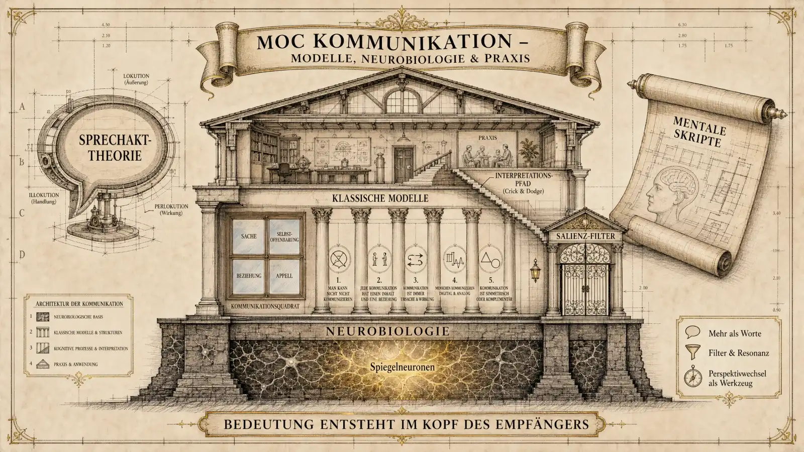 Sketchnote auf beige-farbenem Hintergrund mit schwarzen Konturen und Akzenten in Gold und Braun. Architektonische Gebäudeschnitt-Metapher. Oben mittig ein Banner: ‚MOC Kommunikation – Modelle, Neurobiologie & Praxis'. Das Gebäude ist in drei Ebenen aufgeteilt. Im Fundament ‚Neurobiologie' mit ‚Spiegelneuronen' als tragende Basis. Im Erdgeschoss ‚Klassische Modelle': Fünf Säulen für die fünf Axiome von Watzlawick, daneben das Kommunikationsquadrat mit vier Feldern: Sache, Selbstoffenbarung, Beziehung, Appell. Im Obergeschoss zwei Bereiche: Links ‚Interpretationsfeld (Crick & Dodge)' mit einem Tisch und Figuren. Rechts ‚Praxis' mit einer Treppe. Links außen ein runder Rahmen: ‚Sprechakttheorie' mit den Ebenen Lokution (Äußerung), Illokution (Handlung) und Perlokution (Wirkung). Darunter ‚Architektur der Kommunikation': Neurobiologische Basis, Klassische Modelle & Sprechen, Kognitive Prozesse & Interpretation, Praxis & Anwendung. Rechts oben eine Schriftrolle: ‚Mentale Skripte'. Rechts mittig ‚Salienz-Filter'. Rechts unten drei Icons: ‚Mehr als Worte', ‚Filter & Resonanz', ‚Perspektivwechsel als Werkzeug'. Unten ein Banner: ‚Bedeutung entsteht im Kopf des Empfängers.'