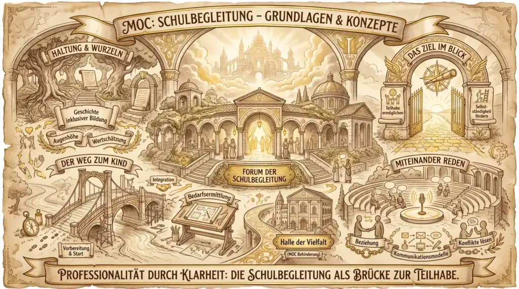 Illustration auf beige-farbenem, leicht vergilbtem Hintergrund mit schwarzen Konturen und Akzenten in Gold und Braun.
Oben mittig ein Banner: ‚MOC: Schulbegleitung – Grundlagen & Konzepte'.
Im Zentrum eine leuchtende Palastanlage mit Säulenreihen und Figuren im Dialog – ‚Forum der Schulbegleitung'. Darunter eine Kirche mit ‚Halle der Vielfalt (MOC Behinderung)'.
Links oben ‚Haltung & Wurzeln': Ein alter Baum mit Schriftrolle. Labels: ‚Geschichte inklusiver Bildung', ‚Augenhöhe', ‚Wertschätzung'.
Links unten ‚Der Weg zum Kind': Eine Hängebrücke mit Kompass und Fußspuren. Labels: ‚Vorbereitung & Start', ‚Integration' mit Händedruck.
Mittig unten ein Zeichentisch mit Plänen: ‚Bedarfsermittlung'.
Rechts oben ‚Das Ziel im Blick': Ein goldenes Tor mit geflügeltem Kompass und Fernrohr. Labels: ‚Teilhabe ermöglichen', ‚Selbstständigkeit fördern'.
Rechts unten ‚Miteinander reden': Ein rundes Amphitheater mit Mikrofon, Figuren im Gespräch und Sprechblasen. Labels: ‚Beziehung', ‚Kommunikationsmodelle', ‚Konflikte lösen'.
Unten ein Banner: ‚Professionalität durch Klarheit: Die Schulbegleitung als Brücke zur Teilhabe.'