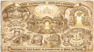 Illustration auf beige-farbenem, leicht vergilbtem Hintergrund mit schwarzen Konturen und Akzenten in Gold und Braun. Oben mittig ein Banner: ‚MOC: Schulbegleitung – Grundlagen & Konzepte'. Im Zentrum eine leuchtende Palastanlage mit Säulenreihen und Figuren im Dialog – ‚Forum der Schulbegleitung'. Darunter eine Kirche mit ‚Halle der Vielfalt (MOC Behinderung)'. Links oben ‚Haltung & Wurzeln': Ein alter Baum mit Schriftrolle. Labels: ‚Geschichte inklusiver Bildung', ‚Augenhöhe', ‚Wertschätzung'. Links unten ‚Der Weg zum Kind': Eine Hängebrücke mit Kompass und Fußspuren. Labels: ‚Vorbereitung & Start', ‚Integration' mit Händedruck. Mittig unten ein Zeichentisch mit Plänen: ‚Bedarfsermittlung'. Rechts oben ‚Das Ziel im Blick': Ein goldenes Tor mit geflügeltem Kompass und Fernrohr. Labels: ‚Teilhabe ermöglichen', ‚Selbstständigkeit fördern'. Rechts unten ‚Miteinander reden': Ein rundes Amphitheater mit Mikrofon, Figuren im Gespräch und Sprechblasen. Labels: ‚Beziehung', ‚Kommunikationsmodelle', ‚Konflikte lösen'. Unten ein Banner: ‚Professionalität durch Klarheit: Die Schulbegleitung als Brücke zur Teilhabe.'