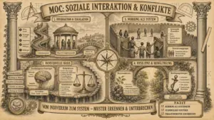 Sketchnote auf beige-farbenem Hintergrund mit schwarzen Konturen und Akzenten in Gold und Braun. Zwei Säulen rahmen die Sketchnote ein. Oben mittig ein Banner: ‚MOC: Soziale Interaktion & Konflikte'. Vier Panels um einen zentralen Kompass angeordnet. Oben links ‚1. Individuelle Basis': Ein Gehirn mit Polyvagal-Hinweis, eine Waage mit Risiko- und Schutzfaktoren, darunter Stressreaktion. Labels: Grundprinzipien, Beziehung vor Methode, Sicherheit vor Leistung, Haltung vor Technik. Oben mittig ‚2. Interaktion & Eskalation': Eine Wendeltreppe als Eskalationsspirale, ein Rundbau für Clique und Gruppendynamik, eine Brücke zur Veränderung. Labels: Offene Gewalt, Drohungen & Druck, Ausgrenzung, Gerüchte & Kränkung, Spannungen. Oben rechts ‚3. Mobbing als System': Eine Mauer mit ausgeschlossenen Figuren, eine Unterstützergruppe. Labels: Systemische Dynamiken, Rollen, Normen, Machtstrukturen, Verantwortungslosigkeit, Schweigen. Unten rechts ‚4. Resilienz & Bewältigung': Ein Baum als Resilienzmetapher, ein Anker. Labels: Selbstwert, Optimismus, Problemlösungskompetenz, Emotionale Regulation, Soziale Unterstützung. Bewältigungsstrategien: Achtsamkeit, Kommunikation, Hilfe suchen, Verantwortung übernehmen. Unten ein Banner: ‚Vom Individuum zum System – Muster erkennen & unterbrechen'. Fazit: ‚Beziehung als Schutzfaktor. Neurobiologie verstehen. Eskalationsmuster durchbrechen.'