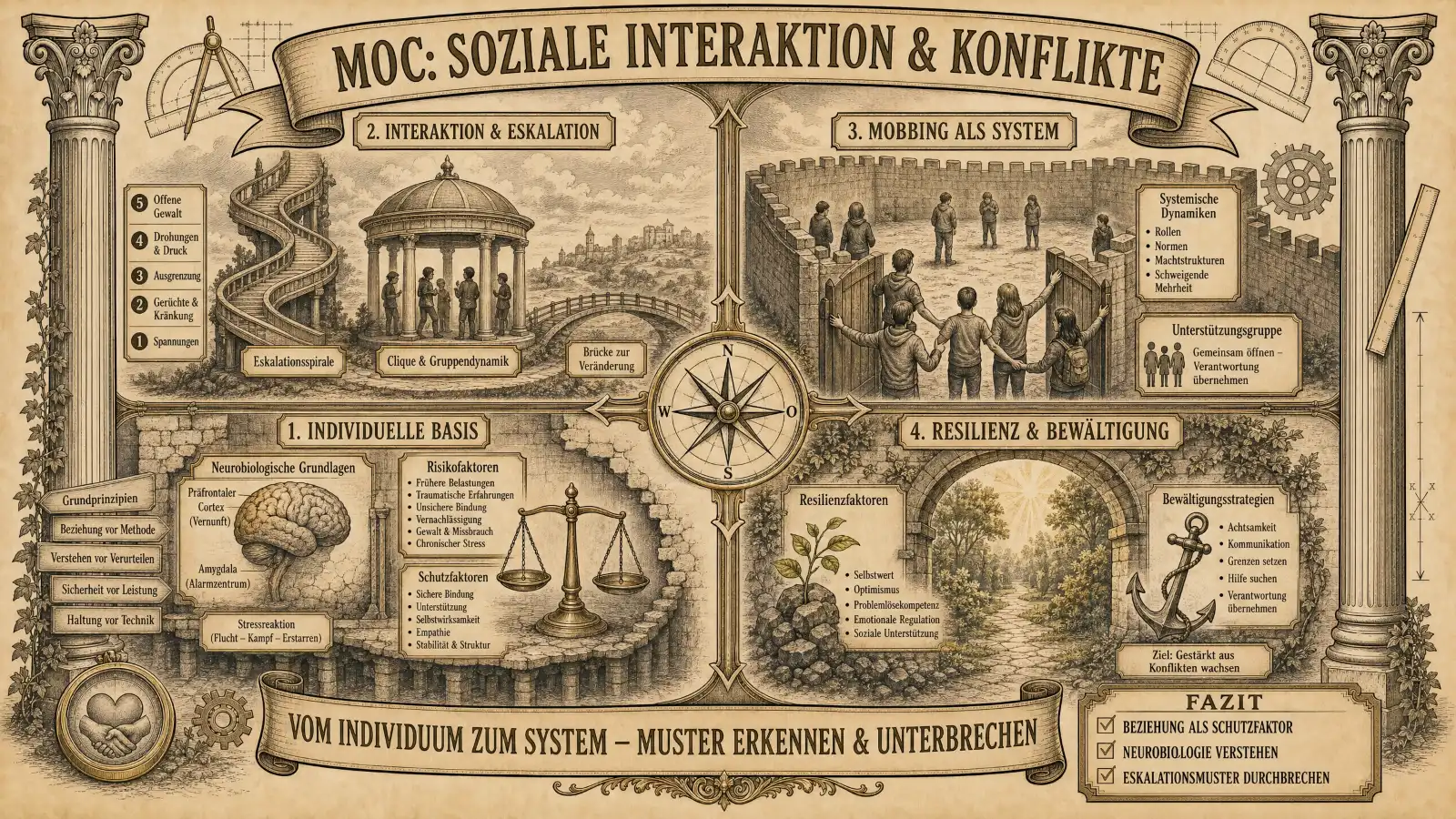 Sketchnote auf beige-farbenem Hintergrund mit schwarzen Konturen und Akzenten in Gold und Braun. Zwei Säulen rahmen die Sketchnote ein. Oben mittig ein Banner: ‚MOC: Soziale Interaktion & Konflikte'. Vier Panels um einen zentralen Kompass angeordnet. Oben links ‚1. Individuelle Basis': Ein Gehirn mit Polyvagal-Hinweis, eine Waage mit Risiko- und Schutzfaktoren, darunter Stressreaktion. Labels: Grundprinzipien, Beziehung vor Methode, Sicherheit vor Leistung, Haltung vor Technik. Oben mittig ‚2. Interaktion & Eskalation': Eine Wendeltreppe als Eskalationsspirale, ein Rundbau für Clique und Gruppendynamik, eine Brücke zur Veränderung. Labels: Offene Gewalt, Drohungen & Druck, Ausgrenzung, Gerüchte & Kränkung, Spannungen. Oben rechts ‚3. Mobbing als System': Eine Mauer mit ausgeschlossenen Figuren, eine Unterstützergruppe. Labels: Systemische Dynamiken, Rollen, Normen, Machtstrukturen, Verantwortungslosigkeit, Schweigen. Unten rechts ‚4. Resilienz & Bewältigung': Ein Baum als Resilienzmetapher, ein Anker. Labels: Selbstwert, Optimismus, Problemlösungskompetenz, Emotionale Regulation, Soziale Unterstützung. Bewältigungsstrategien: Achtsamkeit, Kommunikation, Hilfe suchen, Verantwortung übernehmen. Unten ein Banner: ‚Vom Individuum zum System – Muster erkennen & unterbrechen'. Fazit: ‚Beziehung als Schutzfaktor. Neurobiologie verstehen. Eskalationsmuster durchbrechen.'