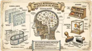 Sketchnote auf beige-farbenem, leicht vergilbtem Hintergrund mit schwarzen Konturen und Akzenten in Gold und Braun. Oben rechts und links je ein handschriftlicher Hinweis: ‚Werth et al. – Kognitive Psychologie' und ‚Architektur des Geistes'. Oben mittig ein Banner mit dem Titel ‚Mentale Repräsentation: Die Architektur des Wissens'. Im Zentrum ein menschlicher Kopf im Profil, dessen Inneres ein leuchtendes assoziatives Netzwerk aus miteinander verbundenen Knotenpunkten zeigt. Darunter die Beschriftungen: ‚Verknüpfungen durch Erfahrung & Lernen', ‚Aktivierungsausbreitung', ‚Flexible Verbindungen' und ‚Subjektive Architektur: Unser Wissen wird individuell durch Erfahrungen, Schemata und Netzwerke geformt.' Links oben das Panel ‚Schemata & Skripte': Ein soziales Schema als Schablone mit zwei Figuren, darunter ‚Organisieren von Informationen, Effizienz & Orientierung'. Darunter ein Filmstreifen für Handlungsskripte mit dem Beispiel ‚Restaurantbesuch: Eintreten → Bestellen → Essen → Zahlen' und den Labels ‚Standardisierte Abläufe', ‚Prozesswissen', ‚Automatisiertes Verhalten'. Rechts oben das Panel ‚Kategorien': Eine Werkzeugkiste mit sortierten Gegenständen, daneben ‚Gruppierung nach Ähnlichkeit, Ordnung & Struktur, Reduktion von Komplexität'. Rechts mittig das Panel ‚Prototypen': Ein Rotkehlchen in einer Glasvitrine als ‚Prototyp Vogel (Idealbild)', darunter ‚Typischer Vertreter, Bester Repräsentant, Abstrakte Mittelwerte, Oft emotional geladen'. Rechts unten das Panel ‚Stereotypen': Ein Stempel mit der Aufschrift ‚Vereinfachtes Vorurteil', darunter ‚Festgefügte, starre Vorstellungen, Übergeneralisierung, Soziale Abkürzungen'. Unten ein Fazit-Banner ‚Fazit: Die Kraft der inneren Konstruktion' mit drei Punkten: ‚Konstruktion statt Abbild: Mentale Repräsentationen sind keine 1:1-Kopien der Realität, sondern aktive Konstruktionen unseres Gehirns. Subjektive Architektur: Unser Wissen wird individuell durch Erfahrungen, Schemata und Netzwerke geformt. Emanzipation durch Reflexion: Das Bewusstsein über unsere mentalen Strukturen ermöglicht uns, sie zu hinterfragen und zu verändern.'
