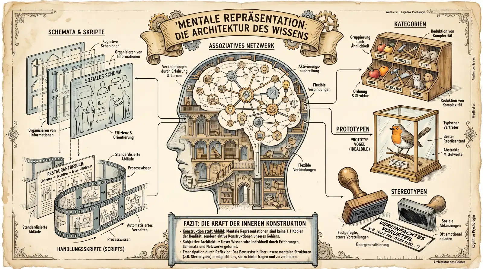 Sketchnote auf beige-farbenem, leicht vergilbtem Hintergrund mit schwarzen Konturen und Akzenten in Gold und Braun. Oben rechts und links je ein handschriftlicher Hinweis: ‚Werth et al. – Kognitive Psychologie' und ‚Architektur des Geistes'. Oben mittig ein Banner mit dem Titel ‚Mentale Repräsentation: Die Architektur des Wissens'. Im Zentrum ein menschlicher Kopf im Profil, dessen Inneres ein leuchtendes assoziatives Netzwerk aus miteinander verbundenen Knotenpunkten zeigt. Darunter die Beschriftungen: ‚Verknüpfungen durch Erfahrung & Lernen', ‚Aktivierungsausbreitung', ‚Flexible Verbindungen' und ‚Subjektive Architektur: Unser Wissen wird individuell durch Erfahrungen, Schemata und Netzwerke geformt.' Links oben das Panel ‚Schemata & Skripte': Ein soziales Schema als Schablone mit zwei Figuren, darunter ‚Organisieren von Informationen, Effizienz & Orientierung'. Darunter ein Filmstreifen für Handlungsskripte mit dem Beispiel ‚Restaurantbesuch: Eintreten → Bestellen → Essen → Zahlen' und den Labels ‚Standardisierte Abläufe', ‚Prozesswissen', ‚Automatisiertes Verhalten'. Rechts oben das Panel ‚Kategorien': Eine Werkzeugkiste mit sortierten Gegenständen, daneben ‚Gruppierung nach Ähnlichkeit, Ordnung & Struktur, Reduktion von Komplexität'. Rechts mittig das Panel ‚Prototypen': Ein Rotkehlchen in einer Glasvitrine als ‚Prototyp Vogel (Idealbild)', darunter ‚Typischer Vertreter, Bester Repräsentant, Abstrakte Mittelwerte, Oft emotional geladen'. Rechts unten das Panel ‚Stereotypen': Ein Stempel mit der Aufschrift ‚Vereinfachtes Vorurteil', darunter ‚Festgefügte, starre Vorstellungen, Übergeneralisierung, Soziale Abkürzungen'. Unten ein Fazit-Banner ‚Fazit: Die Kraft der inneren Konstruktion' mit drei Punkten: ‚Konstruktion statt Abbild: Mentale Repräsentationen sind keine 1:1-Kopien der Realität, sondern aktive Konstruktionen unseres Gehirns. Subjektive Architektur: Unser Wissen wird individuell durch Erfahrungen, Schemata und Netzwerke geformt. Emanzipation durch Reflexion: Das Bewusstsein über unsere mentalen Strukturen ermöglicht uns, sie zu hinterfragen und zu verändern.'