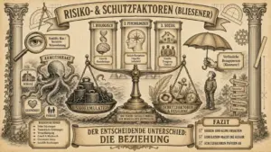 Sketchnote auf beige-farbenem Hintergrund mit schwarzen Konturen und Akzenten in Gold und Braun. Zwei Säulen rahmen die Sketchnote ein. Oben mittig ein Banner: ‚Risiko- & Schutzfaktoren (Bliesener)'. Darunter drei Sanduhr-Panels: ‚1. Biologisch' mit DNA-Helix, ‚2. Psychologisch' mit Kompass und Gehirn, ‚3. Sozial' mit Familie und Haus. Links oben eine Lupe mit ‚Hostility Bias / Verzerrte Wahrnehmung'. Links mittig ein Oktopus als ‚Armutskrake', dessen Tentakel Schule, Gesundheit und Familie umgreifen. Darunter eine Risikofaktoren-Liste: Frühe Belastungen, Traumatische Erfahrungen, Vernachlässigung, Gewalt & Missbrauch, Chronischer Stress, Instabile Beziehungen. Im Zentrum eine Waage: Links ‚Risikokumulation' mit schweren Gewichten, rechts ‚Schutzfaktoren & Resilienz' mit Anker. Darunter: ‚Bio-psycho-soziales Modell der menschlichen Entwicklung'. Rechts eine Figur unter einem Regenschirm: ‚Verlässliche Bezugsperson (Kümmerer)'. Rechts daneben ein Wegweiser mit: Orientierung, Struktur, Zugehörigkeit, Wertschätzung, Förderung. Unten ein Banner: ‚Der entscheidende Unterschied: Die Beziehung'. Rechts ein Fazit-Kasten: ‚Risiken sind keine Ursachen. Kumulation macht die Gefahr. Schutzfaktoren puffern ab.'
