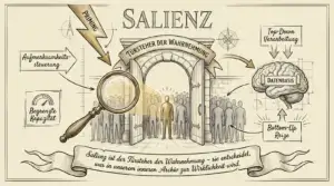 Sketchnote auf beige-farbenem Hintergrund mit schwarzen Konturen und Akzenten in Gold und Braun. Architektonischer Tusche-Skizzen-Stil. Oben mittig der Titel ‚Salienz' in großen Buchstaben, darunter ein geschwungenes Banner mit der Aufschrift ‚Türsteher der Wahrnehmung'. Im Zentrum ein steinernes Tor, durch das eine einzelne goldene Figur hindurchschreitet, während eine Gruppe grauer Figuren vor dem Tor wartet. Die Lupe links vergrößert die Szene und symbolisiert die selektive Aufmerksamkeit. Links oben ein Blitz mit der Aufschrift ‚Priming'. Darunter zwei Kästen: ‚Aufmerksamkeitssteuerung' und ‚Begrenzte Kapazität'. Rechts oben ein Kompass. Darunter ein Gehirn mit der Aufschrift ‚Datenbasis', eingerahmt von zwei Pfeilen: ‚Top-Down Verarbeitung' von oben und ‚Bottom-Up Reize' von unten. Unten ein geschwungenes Fazit-Banner in Schreibschrift: ‚Salienz ist der Türsteher der Wahrnehmung – sie entscheidet, was in unserem inneren Archiv zur Wirklichkeit wird.'