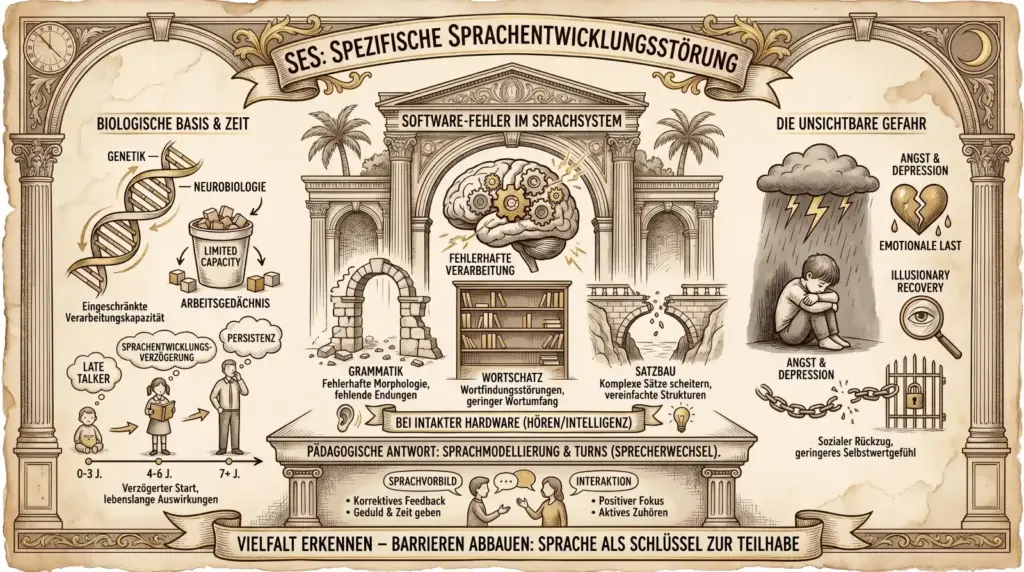 Illustration auf beige-farbenem, leicht vergilbtem Hintergrund mit schwarzen Konturen und Akzenten in Gold und Braun. Ornamentaler Rahmen mit korinthischen Säulen. Oben links eine Uhr, oben rechts ein Halbmond.
Oben mittig ein Banner: ‚SES: Spezifische Sprachentwicklungsstörung'.
Drei Panels nebeneinander.
Links ‚Biologische Basis & Zeit': Eine DNA-Doppelhelix mit Labels ‚Genetik' und ‚Neurobiologie'. Ein Eimer mit ‚Limited Capacity' und Würfeln: ‚Arbeitsgedächtnis – Eingeschränkte Verarbeitungskapazität'. Darunter eine Zeitlinie mit drei Figuren: Kind (0–3 J.), Mädchen mit Buch (4–6 J.), Erwachsener (7+ J.). Labels: ‚Late Talker', ‚Sprachentwicklungsverzögerung', ‚Persistenz', ‚Verzögerter Start, lebenslange Auswirkungen'.
Mittig ‚Software-Fehler im Sprachsystem': Ein Tempel mit Palmen und einem Gehirn mit Zahnrädern und Blitzen: ‚Fehlerhafte Verarbeitung'. Drei Bereiche darunter: Ein bröckelnder Bogen ‚Grammatik – Fehlerhafte Morphologie, fehlende Endungen'. Ein Bücherregal ‚Wortschatz – Wortfindungsstörungen, geringer Wortumfang'. Eine einstürzende Brücke ‚Satzbau – Komplexe Sätze scheitern, vereinfachte Strukturen'. Ein Band: ‚Bei intakter Hardware (Hören/Intelligenz)'. Darunter ‚Pädagogische Antwort: Sprachmodellierung & Turns (Sprecherwechsel)' mit zwei Bereichen: ‚Sprachvorbild – Korrektives Feedback, Geduld & Zeit geben' und ‚Interaktion – Positiver Fokus, Aktives Zuhören'.
Rechts ‚Die unsichtbare Gefahr': Eine Gewitterwolke über einem zusammengekauerten Kind. Labels: ‚Angst & Depression', ‚Emotionale Last', ‚Illusionary Recovery'. Eine Kette mit Vorhängeschloss: ‚Sozialer Rückzug, geringeres Selbstwertgefühl'.
Unten ein Banner: ‚Vielfalt erkennen – Barrieren abbauen: Sprache als Schlüssel zur Teilhabe.'