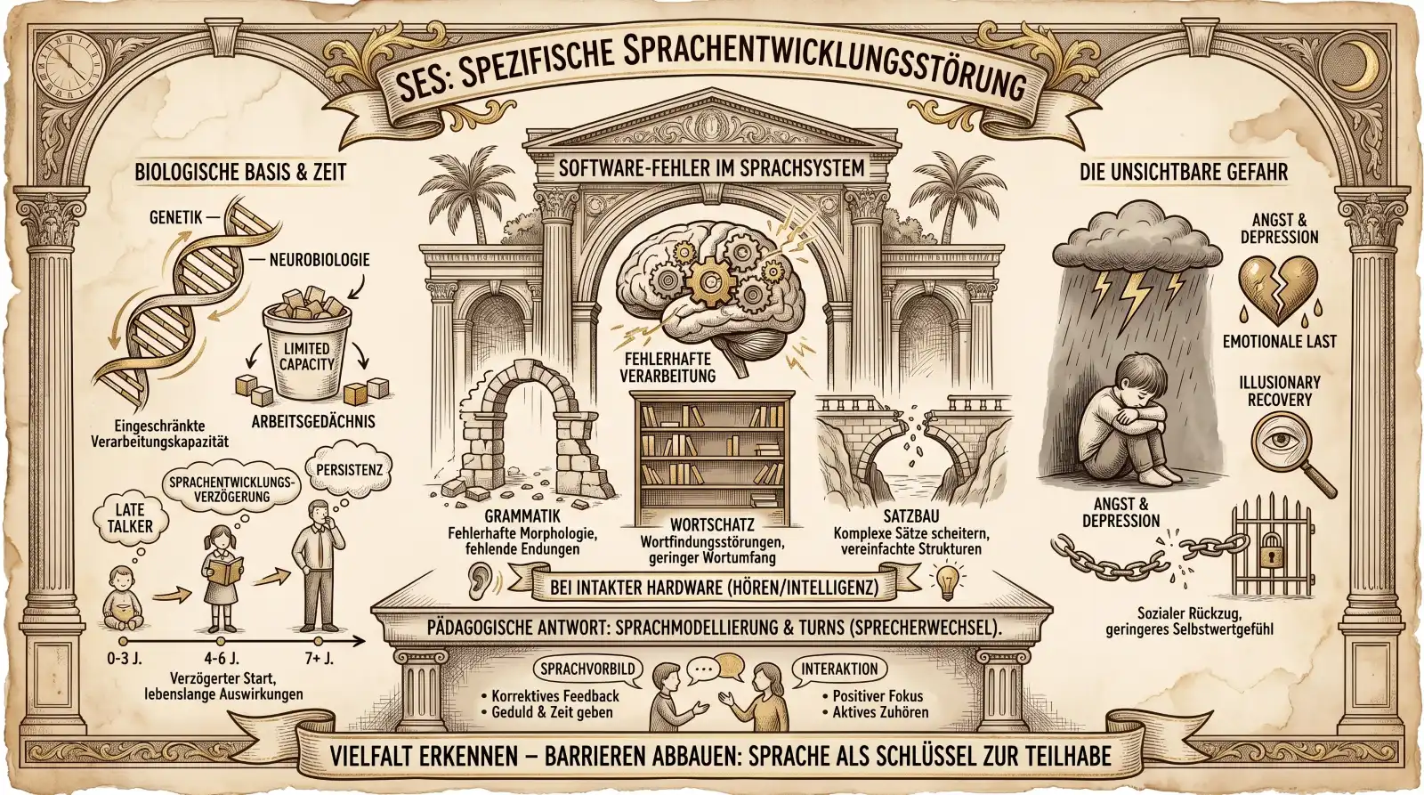 Illustration auf beige-farbenem, leicht vergilbtem Hintergrund mit schwarzen Konturen und Akzenten in Gold und Braun. Ornamentaler Rahmen mit korinthischen Säulen. Oben links eine Uhr, oben rechts ein Halbmond. Oben mittig ein Banner: ‚SES: Spezifische Sprachentwicklungsstörung'. Drei Panels nebeneinander. Links ‚Biologische Basis & Zeit': Eine DNA-Doppelhelix mit Labels ‚Genetik' und ‚Neurobiologie'. Ein Eimer mit ‚Limited Capacity' und Würfeln: ‚Arbeitsgedächtnis – Eingeschränkte Verarbeitungskapazität'. Darunter eine Zeitlinie mit drei Figuren: Kind (0–3 J.), Mädchen mit Buch (4–6 J.), Erwachsener (7+ J.). Labels: ‚Late Talker', ‚Sprachentwicklungsverzögerung', ‚Persistenz', ‚Verzögerter Start, lebenslange Auswirkungen'. Mittig ‚Software-Fehler im Sprachsystem': Ein Tempel mit Palmen und einem Gehirn mit Zahnrädern und Blitzen: ‚Fehlerhafte Verarbeitung'. Drei Bereiche darunter: Ein bröckelnder Bogen ‚Grammatik – Fehlerhafte Morphologie, fehlende Endungen'. Ein Bücherregal ‚Wortschatz – Wortfindungsstörungen, geringer Wortumfang'. Eine einstürzende Brücke ‚Satzbau – Komplexe Sätze scheitern, vereinfachte Strukturen'. Ein Band: ‚Bei intakter Hardware (Hören/Intelligenz)'. Darunter ‚Pädagogische Antwort: Sprachmodellierung & Turns (Sprecherwechsel)' mit zwei Bereichen: ‚Sprachvorbild – Korrektives Feedback, Geduld & Zeit geben' und ‚Interaktion – Positiver Fokus, Aktives Zuhören'. Rechts ‚Die unsichtbare Gefahr': Eine Gewitterwolke über einem zusammengekauerten Kind. Labels: ‚Angst & Depression', ‚Emotionale Last', ‚Illusionary Recovery'. Eine Kette mit Vorhängeschloss: ‚Sozialer Rückzug, geringeres Selbstwertgefühl'. Unten ein Banner: ‚Vielfalt erkennen – Barrieren abbauen: Sprache als Schlüssel zur Teilhabe.'
