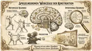 Sketchnote auf beige-farbenem, leicht vergilbtem Hintergrund mit schwarzen Konturen und Akzenten in Gold und Braun. Zahnräder rahmen die oberen Ecken ein. Oben mittig ein Banner mit dem Titel ‚Spiegelneuronen: Werkzeuge der Konstruktion'. Links das Panel ‚Motorische Resonanz': Drei menschliche Figuren in Bewegung zeigen das Prinzip der unmittelbaren Nachahmung – eine wirft einen Ball, die anderen spiegeln die Bewegung. Daneben ein Gehirn mit Zahnrädern. Labels: ‚Bewegungs-Spiegelung', ‚Unmittelbare Nachahmung', ‚Verständnis durch Handeln', ‚Bewegungs-Spiegelung'. Im Zentrum ein großes, detailliert gezeichnetes Gehirn mit einem Gebäude im Inneren, beschriftet mit ‚Data Base'. Das Gehirn ist von Zahnrädern und goldenen Verbindungen durchzogen. Rechts das Panel ‚Intentionale Resonanz': Eine große Lupe richtet sich auf eine Gruppe von Figuren in verschiedenen sozialen Situationen. Daneben ein kleineres Gehirn. Labels: ‚Skripte', ‚Absichten erkennen', ‚Muster & Skripte dekodieren', ‚Vorhersage von Verhalten', ‚Soziales Verständnis'. Unten mittig ein alter Filmprojektor, der einen Lichtstrahl auf eine Leinwand wirft. Auf der Leinwand ist eine soziale Szene mit mehreren Figuren zu sehen. Über dem Projektor die Bezeichnung ‚Projektion'. Rechts daneben drei Labels: ‚Eigene Modelle auf die Welt übertragen', ‚Aktive Konstruktion der Realität', ‚Interpretation basierend auf Erfahrung'. Unten ein Fazit-Banner in geschwungener Schrift: ‚Resonanz ist eine aktive Simulation im Dienst unserer inneren Landkarten.'"