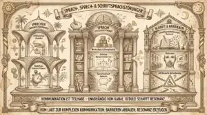 Illustration auf beige-farbenem, leicht vergilbtem Hintergrund mit schwarzen Konturen und Akzenten in Gold und Braun. Ornamentaler Rahmen mit Schallwellen oben. Oben links eine Sonne, oben rechts Halbmond mit Sternen. Oben mittig ein Banner: ‚Sprach-, Sprech- & Schriftsprachstörungen'. Drei architektonische Panels nebeneinander. Links ‚Sprechen (Motorik/Hardware)': Ein offener Pavillon mit Schallwellen, Zahnrädern und Stoppuhr. Zwei Bereiche: ‚Artikulation (Dyslalie)' mit anatomischem Mundquerschnitt und Notensymbol. ‚Redefluss (Stottern/Poltern)' mit Stoppuhr und Wellenbewegung. Mittig ‚Sprache (System/Software)': Ein Kuppelgebäude mit Gehirn und Puzzlestück. Ein Bücherregal als Bibliothek mit drei Ebenen: ‚Wortschatz & Komplexität' mit Buchstabenwürfeln A, B, C, D. ‚Satzbau (Dysgrammatismus)' mit Satzstrukturdiagramm und Fragezeichen. ‚Sprachverlust (Aphasie)' mit leerer Sprechblase und Fragezeichen über bröckelndem Boden. Rechts ‚Schrift & Barrieren': Ein Gebäude mit Turm und Halbmond. Drei Bereiche: ‚Schriftsprachstörungen (Dyslexie)' mit aufgeschlagenem Buch voller wirrer Buchstaben. ‚Mutismus' mit einem Gesicht und Vorhängeschloss vor dem Mund. ‚Attribuierte Behinderung' mit Rollstuhlsymbol, Warndreieck und Kette. Unten zwei Banner: ‚Kommunikation ist Teilhabe – unabhängig vom Kanal. Geduld schafft Resonanz.' und ‚Vom Laut zur komplexen Kommunikation: Barrieren abbauen, Resonanz erzeugen.'