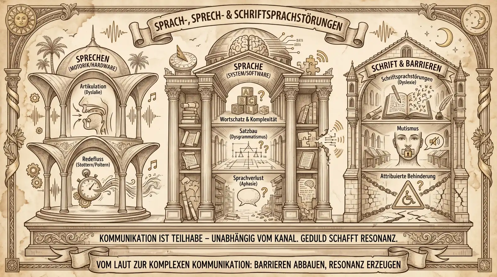 Illustration auf beige-farbenem, leicht vergilbtem Hintergrund mit schwarzen Konturen und Akzenten in Gold und Braun. Ornamentaler Rahmen mit Schallwellen oben. Oben links eine Sonne, oben rechts Halbmond mit Sternen. Oben mittig ein Banner: ‚Sprach-, Sprech- & Schriftsprachstörungen'. Drei architektonische Panels nebeneinander. Links ‚Sprechen (Motorik/Hardware)': Ein offener Pavillon mit Schallwellen, Zahnrädern und Stoppuhr. Zwei Bereiche: ‚Artikulation (Dyslalie)' mit anatomischem Mundquerschnitt und Notensymbol. ‚Redefluss (Stottern/Poltern)' mit Stoppuhr und Wellenbewegung. Mittig ‚Sprache (System/Software)': Ein Kuppelgebäude mit Gehirn und Puzzlestück. Ein Bücherregal als Bibliothek mit drei Ebenen: ‚Wortschatz & Komplexität' mit Buchstabenwürfeln A, B, C, D. ‚Satzbau (Dysgrammatismus)' mit Satzstrukturdiagramm und Fragezeichen. ‚Sprachverlust (Aphasie)' mit leerer Sprechblase und Fragezeichen über bröckelndem Boden. Rechts ‚Schrift & Barrieren': Ein Gebäude mit Turm und Halbmond. Drei Bereiche: ‚Schriftsprachstörungen (Dyslexie)' mit aufgeschlagenem Buch voller wirrer Buchstaben. ‚Mutismus' mit einem Gesicht und Vorhängeschloss vor dem Mund. ‚Attribuierte Behinderung' mit Rollstuhlsymbol, Warndreieck und Kette. Unten zwei Banner: ‚Kommunikation ist Teilhabe – unabhängig vom Kanal. Geduld schafft Resonanz.' und ‚Vom Laut zur komplexen Kommunikation: Barrieren abbauen, Resonanz erzeugen.'