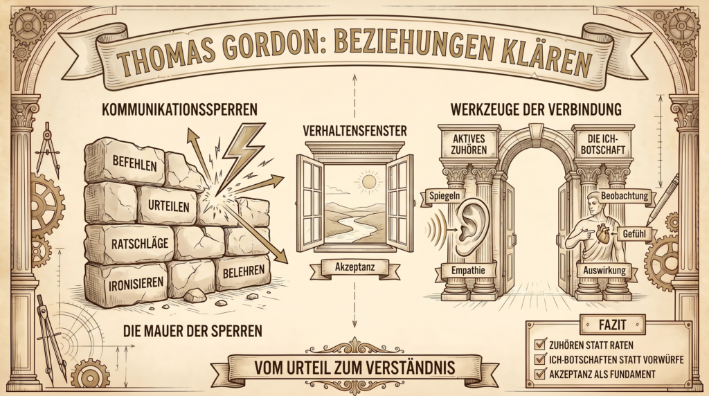Sketchnote auf beige-farbenem Pergament-Hintergrund mit schwarzen Konturen und Akzenten in Gold und Braun.
Oben mittig ein dekoratives Banner mit dem Titel „THOMAS GORDON: BEZIEHUNGEN KLÄREN“.
Links im Bild die „MAUER DER SPERREN“: Eine unregelmäßige Wand aus schweren Steinblöcken, die mit den Begriffen „BEFEHLEN“, „URTEILEN“, „RATSCHLÄGE“, „IRONISIEREN“ und „BELEHREN“ beschriftet sind. Ein stilisierter Blitz schlägt gegen die Mauer und prallt in mehrere Richtungen ab, was die blockierte Kommunikation symbolisiert.
In der Mitte schwebt das „VERHALTENSFENSTER“: Ein zweiflügeliges, offenes Fenster, das den Blick auf eine ruhige Hügellandschaft mit einem Fluss unter einer strahlenden Sonne freigibt. Unter dem Fenster steht das Wort „Akzeptanz“.
Rechts im Bild die „WERKZEUGE DER VERBINDUNG“: Ein offenes, klassisches Rundbogenportal, das von zwei verzierten Säulen getragen wird. Die linke Säule ist mit „AKTIVES ZUHÖREN“ beschriftet und zeigt ein großes Ohr-Symbol sowie die Begriffe „Spiegeln“ und „Empathie“. Die rechte Säule ist mit „DIE ICH-BOTSCHAFT“ beschriftet und zeigt eine antike männliche Figur, die auf ihr Herz zeigt. Daneben stehen die Komponenten „Beobachtung“, „Gefühl“ und „Auswirkung“.
Unten mittig ein Banner mit dem Leitsatz „VOM URTEIL ZUM VERSTÄNDNIS“.
Rechts unten eine Fazit-Box mit drei Punkten und Häkchen: „ZUHÖREN STATT RATEN“, „ICH-BOTSCHAFTEN STATT VORWÜRFE“ und „AKZEPTANZ ALS FUNDAMENT“.
Die gesamte Illustration ist im Stil einer historischen technischen Zeichnung mit architektonischen Säulen am Rand, Zahnrädern und einem Zirkel-Symbol gestaltet.