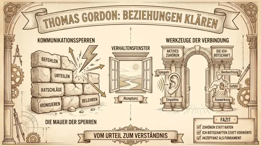 Sketchnote auf beige-farbenem Pergament-Hintergrund mit schwarzen Konturen und Akzenten in Gold und Braun. Oben mittig ein dekoratives Banner mit dem Titel „THOMAS GORDON: BEZIEHUNGEN KLÄREN“. Links im Bild die „MAUER DER SPERREN“: Eine unregelmäßige Wand aus schweren Steinblöcken, die mit den Begriffen „BEFEHLEN“, „URTEILEN“, „RATSCHLÄGE“, „IRONISIEREN“ und „BELEHREN“ beschriftet sind. Ein stilisierter Blitz schlägt gegen die Mauer und prallt in mehrere Richtungen ab, was die blockierte Kommunikation symbolisiert. In der Mitte schwebt das „VERHALTENSFENSTER“: Ein zweiflügeliges, offenes Fenster, das den Blick auf eine ruhige Hügellandschaft mit einem Fluss unter einer strahlenden Sonne freigibt. Unter dem Fenster steht das Wort „Akzeptanz“. Rechts im Bild die „WERKZEUGE DER VERBINDUNG“: Ein offenes, klassisches Rundbogenportal, das von zwei verzierten Säulen getragen wird. Die linke Säule ist mit „AKTIVES ZUHÖREN“ beschriftet und zeigt ein großes Ohr-Symbol sowie die Begriffe „Spiegeln“ und „Empathie“. Die rechte Säule ist mit „DIE ICH-BOTSCHAFT“ beschriftet und zeigt eine antike männliche Figur, die auf ihr Herz zeigt. Daneben stehen die Komponenten „Beobachtung“, „Gefühl“ und „Auswirkung“. Unten mittig ein Banner mit dem Leitsatz „VOM URTEIL ZUM VERSTÄNDNIS“. Rechts unten eine Fazit-Box mit drei Punkten und Häkchen: „ZUHÖREN STATT RATEN“, „ICH-BOTSCHAFTEN STATT VORWÜRFE“ und „AKZEPTANZ ALS FUNDAMENT“. Die gesamte Illustration ist im Stil einer historischen technischen Zeichnung mit architektonischen Säulen am Rand, Zahnrädern und einem Zirkel-Symbol gestaltet.