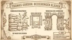 Sketchnote auf beige-farbenem Pergament-Hintergrund mit schwarzen Konturen und Akzenten in Gold und Braun. Oben mittig ein dekoratives Banner mit dem Titel „THOMAS GORDON: BEZIEHUNGEN KLÄREN“. Links im Bild die „MAUER DER SPERREN“: Eine unregelmäßige Wand aus schweren Steinblöcken, die mit den Begriffen „BEFEHLEN“, „URTEILEN“, „RATSCHLÄGE“, „IRONISIEREN“ und „BELEHREN“ beschriftet sind. Ein stilisierter Blitz schlägt gegen die Mauer und prallt in mehrere Richtungen ab, was die blockierte Kommunikation symbolisiert. In der Mitte schwebt das „VERHALTENSFENSTER“: Ein zweiflügeliges, offenes Fenster, das den Blick auf eine ruhige Hügellandschaft mit einem Fluss unter einer strahlenden Sonne freigibt. Unter dem Fenster steht das Wort „Akzeptanz“. Rechts im Bild die „WERKZEUGE DER VERBINDUNG“: Ein offenes, klassisches Rundbogenportal, das von zwei verzierten Säulen getragen wird. Die linke Säule ist mit „AKTIVES ZUHÖREN“ beschriftet und zeigt ein großes Ohr-Symbol sowie die Begriffe „Spiegeln“ und „Empathie“. Die rechte Säule ist mit „DIE ICH-BOTSCHAFT“ beschriftet und zeigt eine antike männliche Figur, die auf ihr Herz zeigt. Daneben stehen die Komponenten „Beobachtung“, „Gefühl“ und „Auswirkung“. Unten mittig ein Banner mit dem Leitsatz „VOM URTEIL ZUM VERSTÄNDNIS“. Rechts unten eine Fazit-Box mit drei Punkten und Häkchen: „ZUHÖREN STATT RATEN“, „ICH-BOTSCHAFTEN STATT VORWÜRFE“ und „AKZEPTANZ ALS FUNDAMENT“. Die gesamte Illustration ist im Stil einer historischen technischen Zeichnung mit architektonischen Säulen am Rand, Zahnrädern und einem Zirkel-Symbol gestaltet.