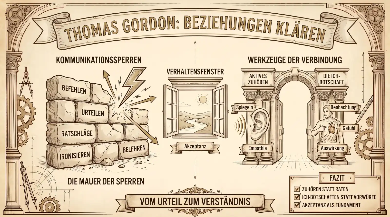 Sketchnote auf beige-farbenem Pergament-Hintergrund mit schwarzen Konturen und Akzenten in Gold und Braun. Oben mittig ein dekoratives Banner mit dem Titel „THOMAS GORDON: BEZIEHUNGEN KLÄREN“. Links im Bild die „MAUER DER SPERREN“: Eine unregelmäßige Wand aus schweren Steinblöcken, die mit den Begriffen „BEFEHLEN“, „URTEILEN“, „RATSCHLÄGE“, „IRONISIEREN“ und „BELEHREN“ beschriftet sind. Ein stilisierter Blitz schlägt gegen die Mauer und prallt in mehrere Richtungen ab, was die blockierte Kommunikation symbolisiert. In der Mitte schwebt das „VERHALTENSFENSTER“: Ein zweiflügeliges, offenes Fenster, das den Blick auf eine ruhige Hügellandschaft mit einem Fluss unter einer strahlenden Sonne freigibt. Unter dem Fenster steht das Wort „Akzeptanz“. Rechts im Bild die „WERKZEUGE DER VERBINDUNG“: Ein offenes, klassisches Rundbogenportal, das von zwei verzierten Säulen getragen wird. Die linke Säule ist mit „AKTIVES ZUHÖREN“ beschriftet und zeigt ein großes Ohr-Symbol sowie die Begriffe „Spiegeln“ und „Empathie“. Die rechte Säule ist mit „DIE ICH-BOTSCHAFT“ beschriftet und zeigt eine antike männliche Figur, die auf ihr Herz zeigt. Daneben stehen die Komponenten „Beobachtung“, „Gefühl“ und „Auswirkung“. Unten mittig ein Banner mit dem Leitsatz „VOM URTEIL ZUM VERSTÄNDNIS“. Rechts unten eine Fazit-Box mit drei Punkten und Häkchen: „ZUHÖREN STATT RATEN“, „ICH-BOTSCHAFTEN STATT VORWÜRFE“ und „AKZEPTANZ ALS FUNDAMENT“. Die gesamte Illustration ist im Stil einer historischen technischen Zeichnung mit architektonischen Säulen am Rand, Zahnrädern und einem Zirkel-Symbol gestaltet.