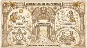 Illustration auf beige-farbenem, leicht vergilbtem Hintergrund mit schwarzen Konturen und Akzenten in Gold und Braun. Ornamentaler Rahmen mit korinthischen Säulen, Palmen, Halbmond und Sonnensymbolen. Oben mittig ein Banner: ‚Vorbereitung des Erstkontakts'. Im Zentrum ein geöffnetes ornamentales Tor mit einem Weg, der zu einem Schulgebäude führt. Davor ein Band: ‚Sicherheit durch gute Vorbereitung'. Links oben ein Rundbogen ‚Vorbereitung durch die Eltern': Elternpaar mit Kind und Schulbegleitungs-Dokument, Händedruck und Sonne. Label: ‚Einführung & Kommunikation der Bedürfnisse'. Links unten ein Rundbogen ‚Struktur & Tagesablauf': Ein Kirchturm mit Uhr und Stundenplan mit Zeiten 8:00, 10:00, 12:00, 14:00 und Schultagsmarkierung. Label: ‚Tagesablauf & Klasseninformationen'. Rechts oben ein Rundbogen ‚Vorbereitung durch die Schulbegleitung': Eine Schulbegleiterin mit Schriftrolle und Symbolen für Interessen (Fußball, Musik, Kunst). Labels: ‚Informationsaustausch & Kennenlernen der Bedürfnisse'. Rechts unten ein Rundbogen ‚Gemeinsame Basis & Ermutigung': Kind und Schulbegleiterin sitzen zusammen mit Buch und Fußball. Labels: ‚Gemeinsame Interessen & Beruhigung'. Unten ein Banner: ‚Das Kind im Zentrum der Vorbereitung.'
