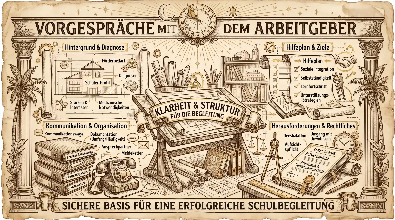 Illustration auf beige-farbenem, leicht vergilbtem Hintergrund mit schwarzen Konturen und Akzenten in Gold und Braun. Zwei korinthische Säulen und Palmen rahmen die Sketchnote ein. Oben mittig eine Sonnenuhr mit Halbmond und Stern. Oben mittig ein Banner: ‚Vorgespräche mit dem Arbeitgeber'. Im Zentrum ein Zeichentisch mit aufgerollten Plänen und einem Band: ‚Klarheit & Struktur für die Begleitung'. Links oben Panel ‚Hintergrund & Diagnose': Ein Hausplan mit Zahnrädern und einem Gehirn. Labels: ‚Schüler-Profil', ‚Förderbedarf', ‚Diagnosen', ‚Stärken & Interessen', ‚Medizinische Notwendigkeiten'. Links unten Panel ‚Kommunikation & Organisation': Bücherstapel, Telefon und Briefumschlag. Labels: ‚Kommunikationswege', ‚Ansprechpartner', ‚Meldeketten', ‚Dokumentation (Umfang/Häufigkeit)'. Rechts oben Panel ‚Hilfeplan & Ziele': Aufgerollte Schriftrolle, Checkliste und Händedruck. Labels: ‚Hilfeplan', ‚Soziale Integration', ‚Selbstständigkeit', ‚Lernfortschritt', ‚Unterstützungsstrategien'. Rechts unten Panel ‚Herausforderungen & Rechtliches': Waage, Zirkel und Rechtsdokument mit ‚Legal Legale'. Labels: ‚Deeskalation', ‚Umgang mit Unwohlsein', ‚Aufsichtspflicht', ‚Arbeitszeit & Versicherungsschutz'. Unten ein Banner: ‚Sichere Basis für eine erfolgreiche Schulbegleitung.'