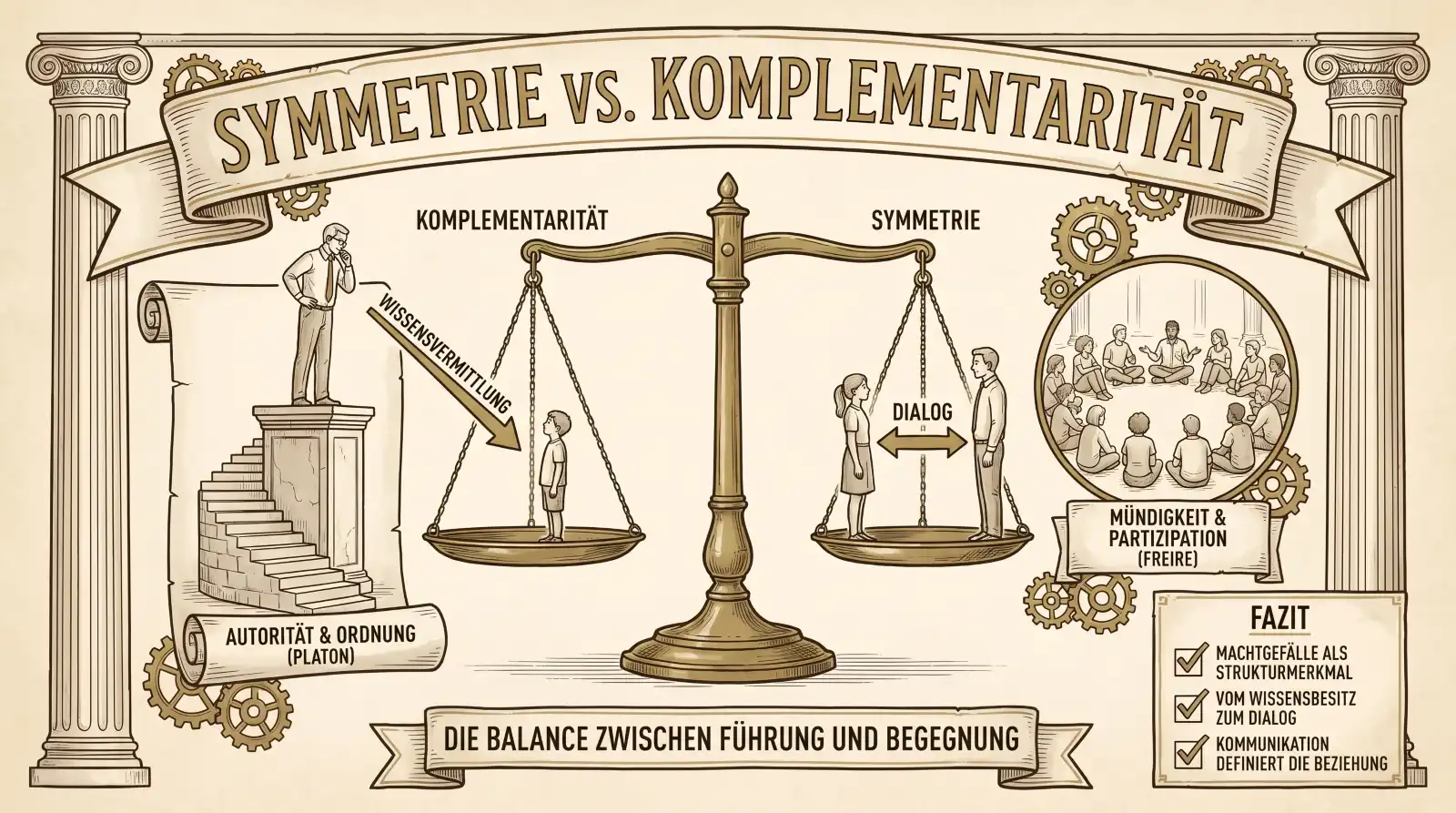 Sketchnote auf beige-farbenem Hintergrund mit schwarzen Konturen und Akzenten in Gold und Braun. Zwei Säulen rahmen die Sketchnote ein. Oben mittig ein Banner mit dem Titel ‚Symmetrie vs. Komplementarität'. Im Zentrum eine große Waage. Auf der linken Schale steht ‚Komplementarität' mit einer großen und einer kleinen Figur, die Wissensvermittlung symbolisieren. Auf der rechten Schale steht ‚Symmetrie' mit zwei gleichgroßen Figuren und einem Doppelpfeil mit der Aufschrift ‚Dialog'. Rechts außen ein Kreis mit einer Gruppe am Tisch: ‚Mündigkeit & Partizipation (Freire)'. Links außen eine Figur auf einem Podest mit Schriftrolle: ‚Autorität & Ordnung (Platon)'. Unten ein Banner: ‚Die Balance zwischen Führung und Begegnung'. Rechts ein Fazit-Kasten mit drei Punkten: ‚Machtgefälle als Strukturmerkmal. Vom Wissensbesitz zum Dialog. Kommunikation definiert die Beziehung.'