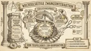 Sketchnote auf beige-farbenem Hintergrund mit schwarzen Konturen und Akzenten in Gold und Braun. Zwei Säulen rahmen die Sketchnote ein, Zahnräder und Kompass im Hintergrund. Oben mittig ein Banner mit dem Titel ‚Wechselseitige Zwangsinteraktion'. Links ein Panel ‚Inkonsistenz & fehlende positive Verstärkung' mit einer bröckelnden Mauer und drei negativen Punkten: ‚Unklare Regeln & Grenzen', ‚Keine Anerkennung positiven Verhaltens', ‚Unsicherheit und Frustration auf beiden Seiten'. In der Mitte eine Wendeltreppe als Eskalationsspirale mit drei Schritten: ① ‚Aversives Verhalten' – ein Kind schreit mit Blitzen um sich; Beispiele: Schreien, Trotzen, Mutausbrüche, Verweigerung. ② ‚Reaktion der Bezugsperson' – eine Erwachsenenfigur reagiert gestresst; Beispiele: Nachgeben, Drohen, Schimpfen, Lenken, Beschwichtigen. ③ ‚Negative Verstärkungsfalle' – ein Zahnrad mit zwei Figuren: ‚Kind erhält Ruhe durch Zwang', ‚Bezugsperson erhält Ruhe durch Nachgeben'. Rechts ein Panel ‚Muster unterbrechen' mit einer Schere, die die Spirale durchschneidet, und drei Punkten: ‚Bewusstsein schaffen', ‚Neue Strategien anwenden', ‚Kooperation & Verbindung stärken'. Unten ein Banner: ‚Vom Teufelskreis zur Kooperation'. Rechts ein Fazit-Kasten: ‚Negative Verstärkungsfalle. Eskalationsdynamik verstehen. Prävention durch Beziehungsarbeit.'