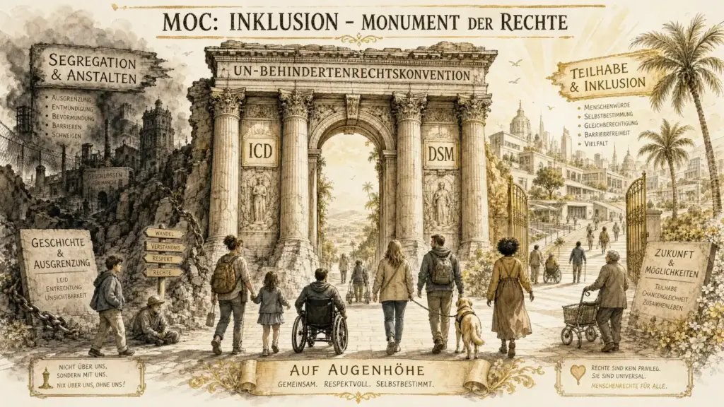 Im Zentrum ein monumentaler Triumphbogen mit korinthischen Säulen und der Inschrift ‚UN-Behindertenrechtskonvention'. Auf den Säulen ‚ICD' und ‚DSM'. Durch den Bogen führt ein lichter Weg in eine offene, helle Stadt. Eine diverse Gruppe von Menschen geht gemeinsam hindurch: ein Kind, eine Person im Rollstuhl, jemand mit Blindenhund, eine ältere Person mit Rollator.
Links eine düstere, rauchende Ruinenlandschaft hinter Stacheldraht. Zwei Tafeln: ‚Segregation & Anstalten – Ausgrenzung, Entmündigung, Bevormundung, Barrieren, Schweigen' und ‚Geschichte & Ausgrenzung – Leid, Entrechtung, Unsichtbarkeit'. Unten links: ‚Nicht über uns, sondern mit uns. Nix über uns, ohne uns!'
Rechts eine lichte, moderne Stadt mit offenem goldenen Tor und Blumen. Zwei Tafeln: ‚Teilhabe & Inklusion – Menschenwürde, Selbstbestimmung, Gleichberechtigung, Barrierefreiheit, Vielfalt' und ‚Zukunft & Möglichkeiten – Teilhabe, Chancengleichheit, Zusammenleben'. Unten rechts: ‚Rechte sind kein Privileg. Sie sind universal. Menschenrechte für alle.'
Mittig ein Wegweiser: ‚Wandel, Verständnis, Respekt, Rechte'.
Unten mittig eine Schriftrolle: ‚Auf Augenhöhe – Gemeinsam. Respektvoll. Selbstbestimmt.'"