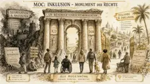 Im Zentrum ein monumentaler Triumphbogen mit korinthischen Säulen und der Inschrift ‚UN-Behindertenrechtskonvention'. Auf den Säulen ‚ICD' und ‚DSM'. Durch den Bogen führt ein lichter Weg in eine offene, helle Stadt. Eine diverse Gruppe von Menschen geht gemeinsam hindurch: ein Kind, eine Person im Rollstuhl, jemand mit Blindenhund, eine ältere Person mit Rollator. Links eine düstere, rauchende Ruinenlandschaft hinter Stacheldraht. Zwei Tafeln: ‚Segregation & Anstalten – Ausgrenzung, Entmündigung, Bevormundung, Barrieren, Schweigen' und ‚Geschichte & Ausgrenzung – Leid, Entrechtung, Unsichtbarkeit'. Unten links: ‚Nicht über uns, sondern mit uns. Nix über uns, ohne uns!' Rechts eine lichte, moderne Stadt mit offenem goldenen Tor und Blumen. Zwei Tafeln: ‚Teilhabe & Inklusion – Menschenwürde, Selbstbestimmung, Gleichberechtigung, Barrierefreiheit, Vielfalt' und ‚Zukunft & Möglichkeiten – Teilhabe, Chancengleichheit, Zusammenleben'. Unten rechts: ‚Rechte sind kein Privileg. Sie sind universal. Menschenrechte für alle.' Mittig ein Wegweiser: ‚Wandel, Verständnis, Respekt, Rechte'. Unten mittig eine Schriftrolle: ‚Auf Augenhöhe – Gemeinsam. Respektvoll. Selbstbestimmt.'"