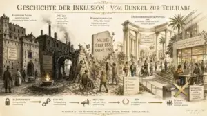 Ein architektonisches Panorama, das die Geschichte der Inklusion von links nach rechts als Weg aus der Dunkelheit ins Licht darstellt. Ganz links ein massives, festungsartiges Steingebäude mit der Aufschrift ‚Elberfelder System – Armenfürsorge‘. Daneben ein düsterer, rauchender Industriekomplex hinter einer Ruinenmauer: ‚NS-Zeit Aktion T4 – Ausgrenzung, Zwang und Vernichtung‘. Eine Gedenkflamme brennt davor. In der Mitte bricht eine Gruppe von Menschen eine massive Steinwand auf, in die das Motto ‚Nichts über uns ohne uns‘ gemeißelt ist. Ein Wegweiser zeigt Symbole für Begegnung, Respekt und Mitgestaltung. Rechts ein prachtvolles, offenes korinthisches Forum unter strahlendem Himmel mit der Inschrift ‚UN-Behindertenrechtskonvention 2006‘. Ein Banner verkündet: ‚Würde, Selbstbestimmung, Teilhabe, Gleichberechtigung‘. Menschen mit und ohne Hilfsmittel bewegen sich barrierefrei über Rampen. Ganz rechts ein modernes Glasgebäude: ‚Offener Arbeitsmarkt statt Ausgrenzung‘. Ein großes goldenes ‚X‘ sperrt eine Schranke vor dem Bereich ‚Behindertenwerkstätten – Kritisch hinterfragen, Barrieren überwinden‘. Unten eine Zeitleiste vom Schloss (19. Jh. – Fürsorge, Kontrolle) über eine Kette (1933-45 – Entmenschlichung) und ein Megafon (1970er/80er – Aufbruch, Protest) bis zum Lorbeerkranz (2006 – UN-BRK als Meilenstein). Ganz unten ein Schriftband: ‚Inklusion ist ein Menschenrecht – Keine Gnade, sondern Gerechtigkeit.‘