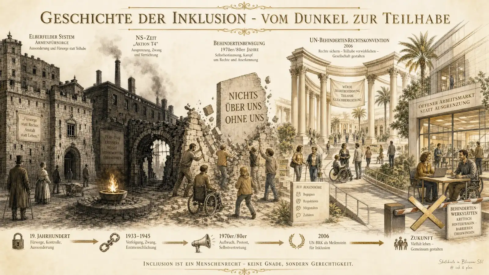 Ein architektonisches Panorama, das die Geschichte der Inklusion von links nach rechts als Weg aus der Dunkelheit ins Licht darstellt.
Ganz links ein massives, festungsartiges Steingebäude mit der Aufschrift ‚Elberfelder System – Armenfürsorge‘. Daneben ein düsterer, rauchender Industriekomplex hinter einer Ruinenmauer: ‚NS-Zeit Aktion T4 – Ausgrenzung, Zwang und Vernichtung‘. Eine Gedenkflamme brennt davor.
In der Mitte bricht eine Gruppe von Menschen eine massive Steinwand auf, in die das Motto ‚Nichts über uns ohne uns‘ gemeißelt ist. Ein Wegweiser zeigt Symbole für Begegnung, Respekt und Mitgestaltung.
Rechts ein prachtvolles, offenes korinthisches Forum unter strahlendem Himmel mit der Inschrift ‚UN-Behindertenrechtskonvention 2006‘. Ein Banner verkündet: ‚Würde, Selbstbestimmung, Teilhabe, Gleichberechtigung‘. Menschen mit und ohne Hilfsmittel bewegen sich barrierefrei über Rampen. Ganz rechts ein modernes Glasgebäude: ‚Offener Arbeitsmarkt statt Ausgrenzung‘. Ein großes goldenes ‚X‘ sperrt eine Schranke vor dem Bereich ‚Behindertenwerkstätten – Kritisch hinterfragen, Barrieren überwinden‘.
Unten eine Zeitleiste vom Schloss (19. Jh. – Fürsorge, Kontrolle) über eine Kette (1933-45 – Entmenschlichung) und ein Megafon (1970er/80er – Aufbruch, Protest) bis zum Lorbeerkranz (2006 – UN-BRK als Meilenstein).
Ganz unten ein Schriftband: ‚Inklusion ist ein Menschenrecht – Keine Gnade, sondern Gerechtigkeit.‘